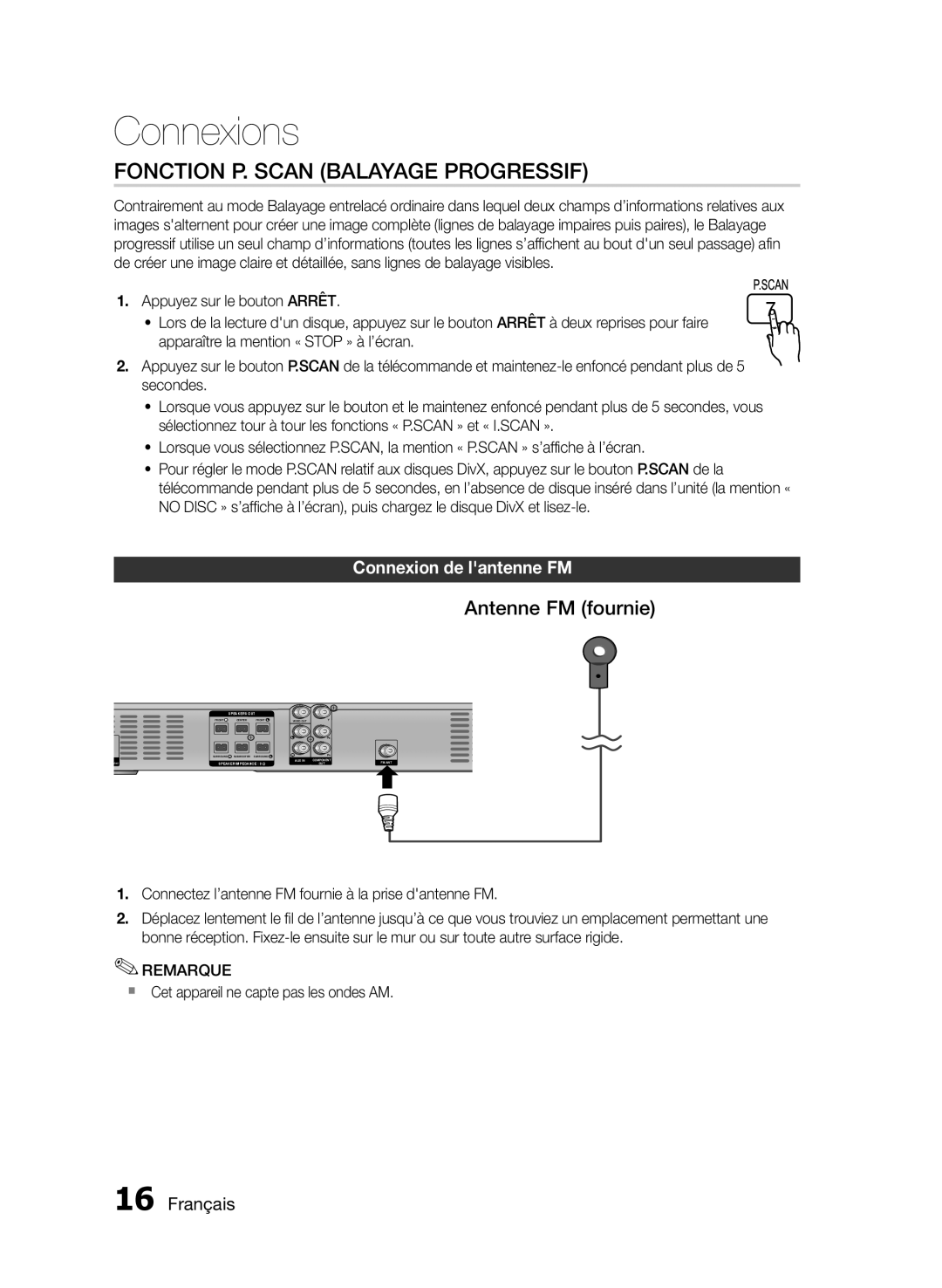 Samsung HT-E330/ZF, HT-E330/EN manual Fonction P. Scan Balayage Progressif, Antenne FM fournie, Connexion de lantenne FM 