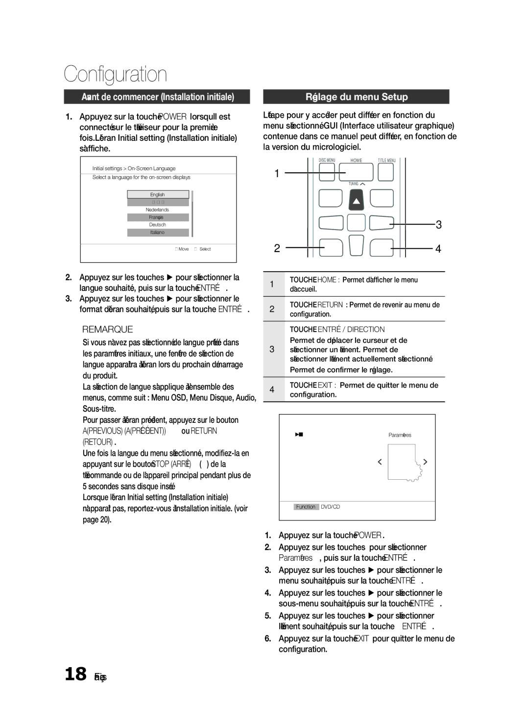 Samsung HT-E330/EN, HT-E330/ZF, HT-E330/XE manual Configuration, Réglage du menu Setup, Appuyez sur la touche Power 