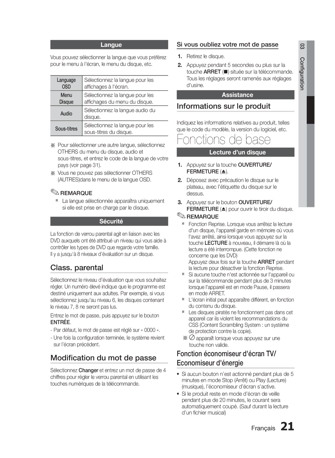 Samsung HT-E330/EN manual Fonctions de base, Class. parental, Modification du mot de passe, Informations sur le produit 