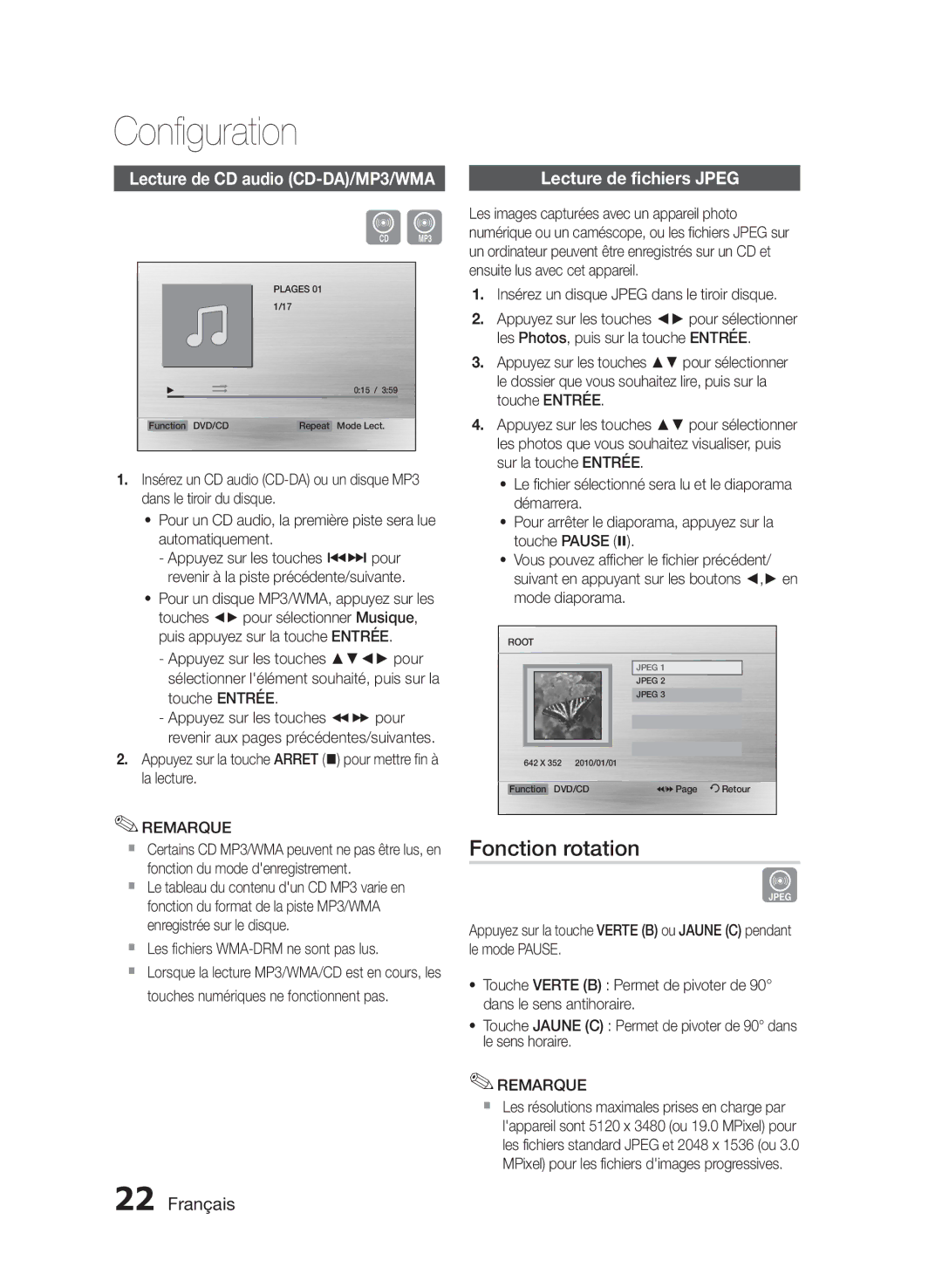 Samsung HT-E330/ZF, HT-E330/EN, HT-E330/XE Fonction rotation, Lecture de CD audio CD-DA/MP3/WMA, Lecture de fichiers Jpeg 