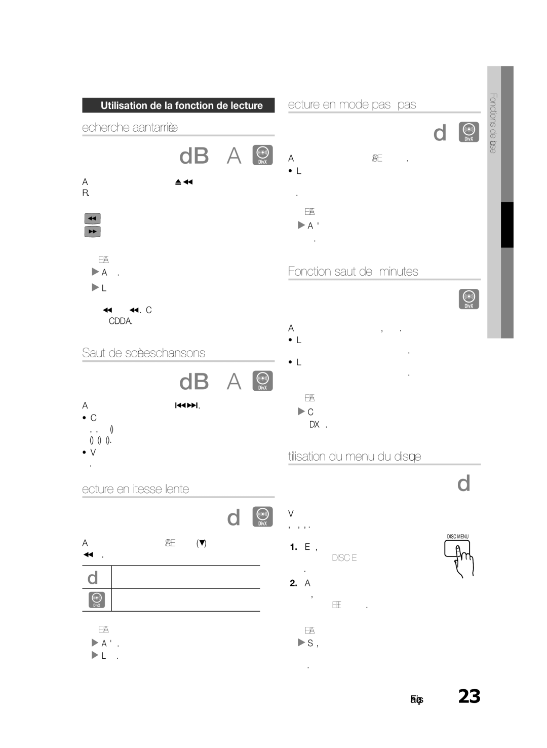 Samsung HT-E330/XE Recherche avant/arrière, Saut de scènes/chansons, Lecture en vitesse lente, Lecture en mode pas à pas 