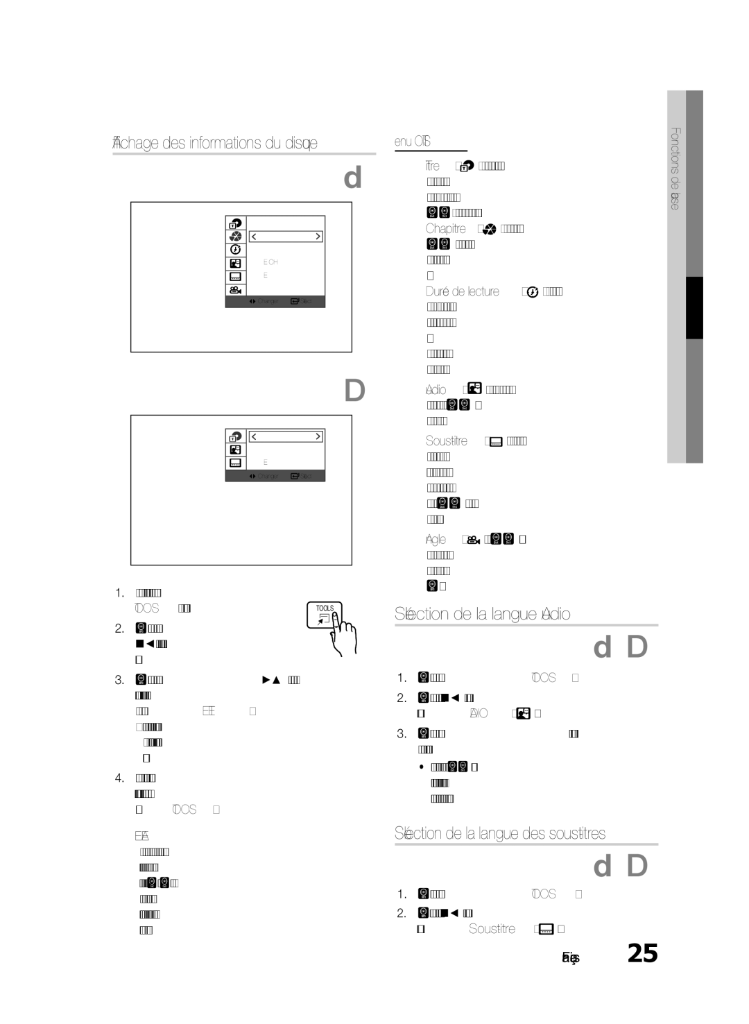 Samsung HT-E330/ZF, HT-E330/EN, HT-E330/XE Affichage des informations du disque, Sélection de la langue Audio, Menu Outils 