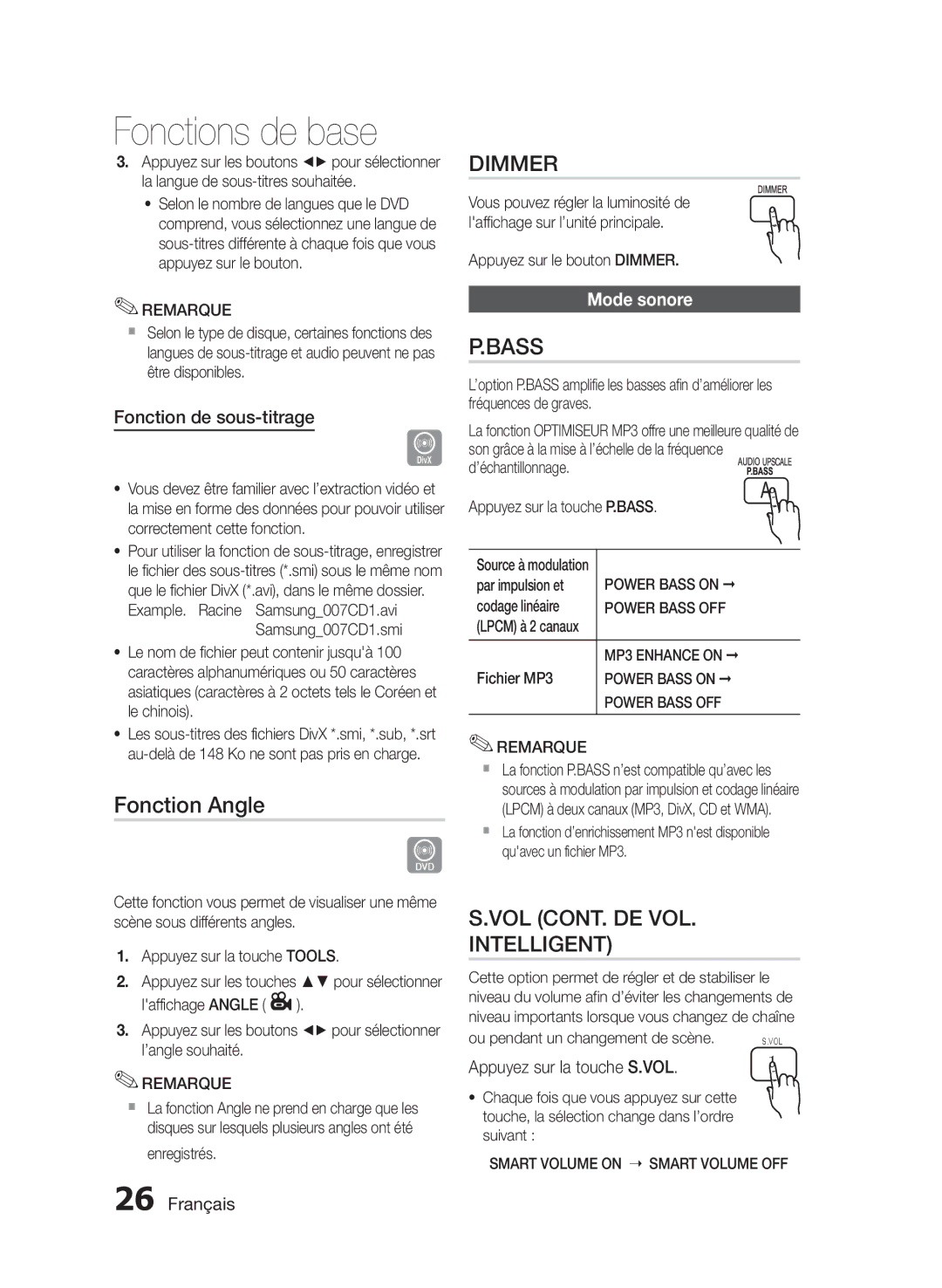 Samsung HT-E330/XE Fonction Angle, VOL CONT. DE VOL Intelligent, Fonction de sous-titrage, Appuyez sur la touche S.VOL 