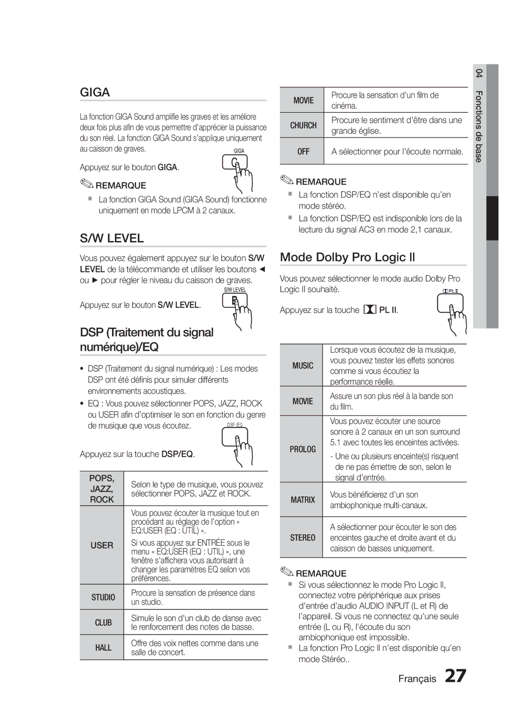 Samsung HT-E330/EN, HT-E330/ZF manual DSP Traitement du signal numérique/EQ, Mode Dolby Pro Logic ll, Equser EQ Util » User 