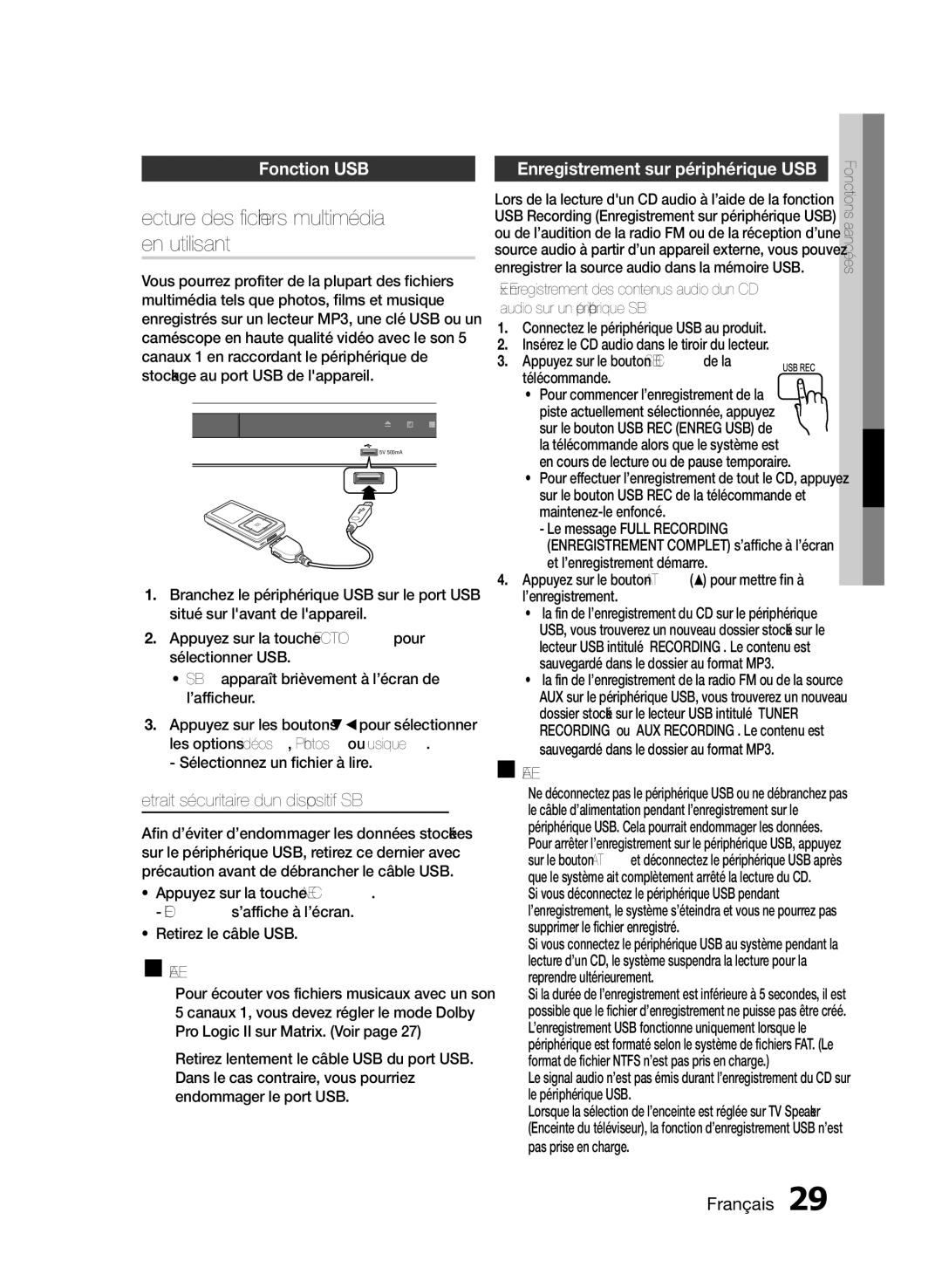 Samsung HT-E330/XE Lecture des fichiers multimédia, En utilisant, Fonction USB, Retrait sécuritaire d’un dispositif USB 