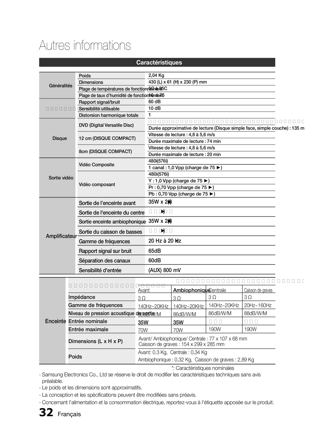 Samsung HT-E330/XE, HT-E330/EN, HT-E330/ZF manual Caractéristiques 