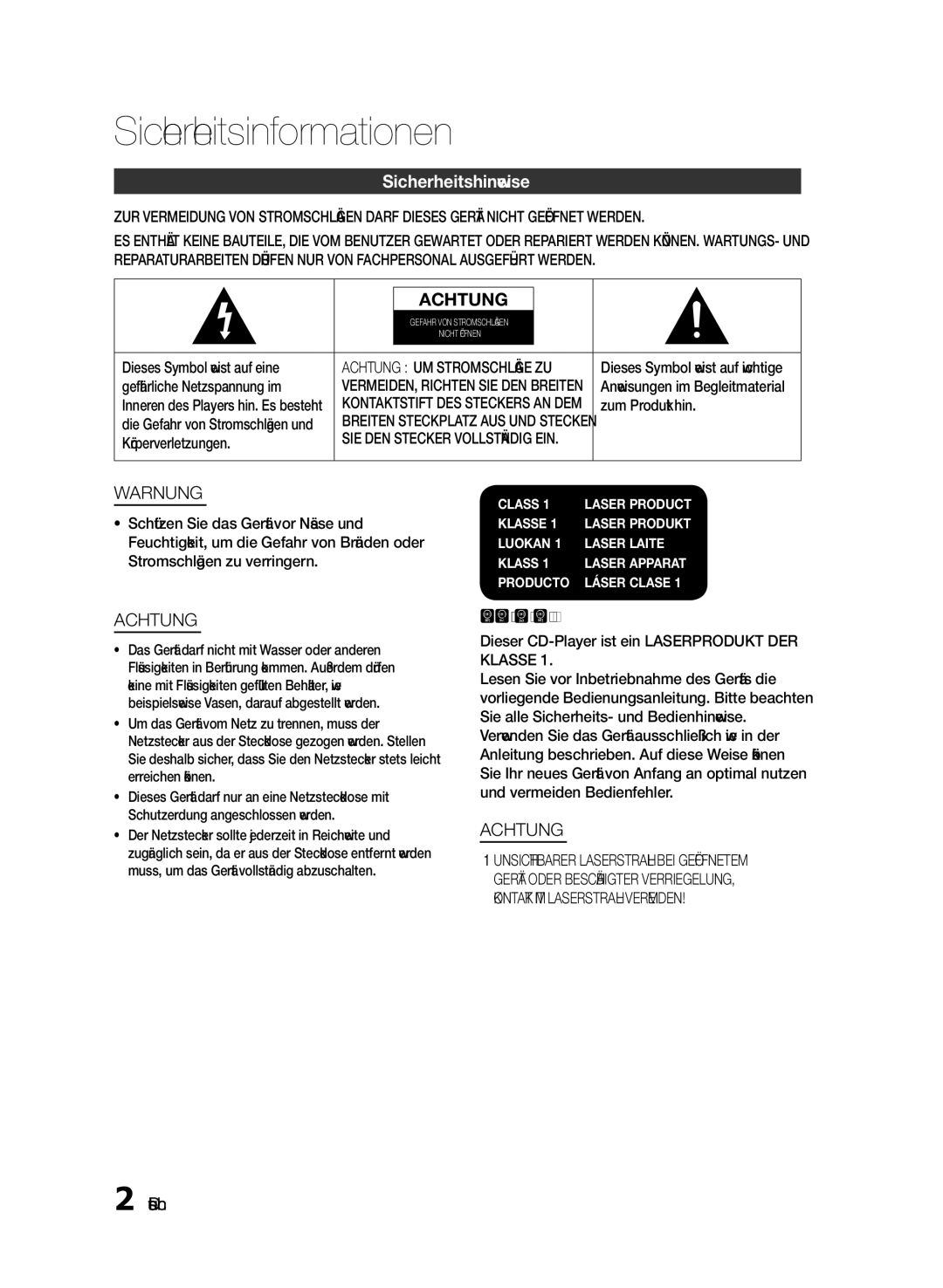 Samsung HT-E330/XE, HT-E330/EN, HT-E330/ZF Sicherheitsinformationen, Sicherheitshinweise, Deutsch, Laserprodukt DER Klasse 