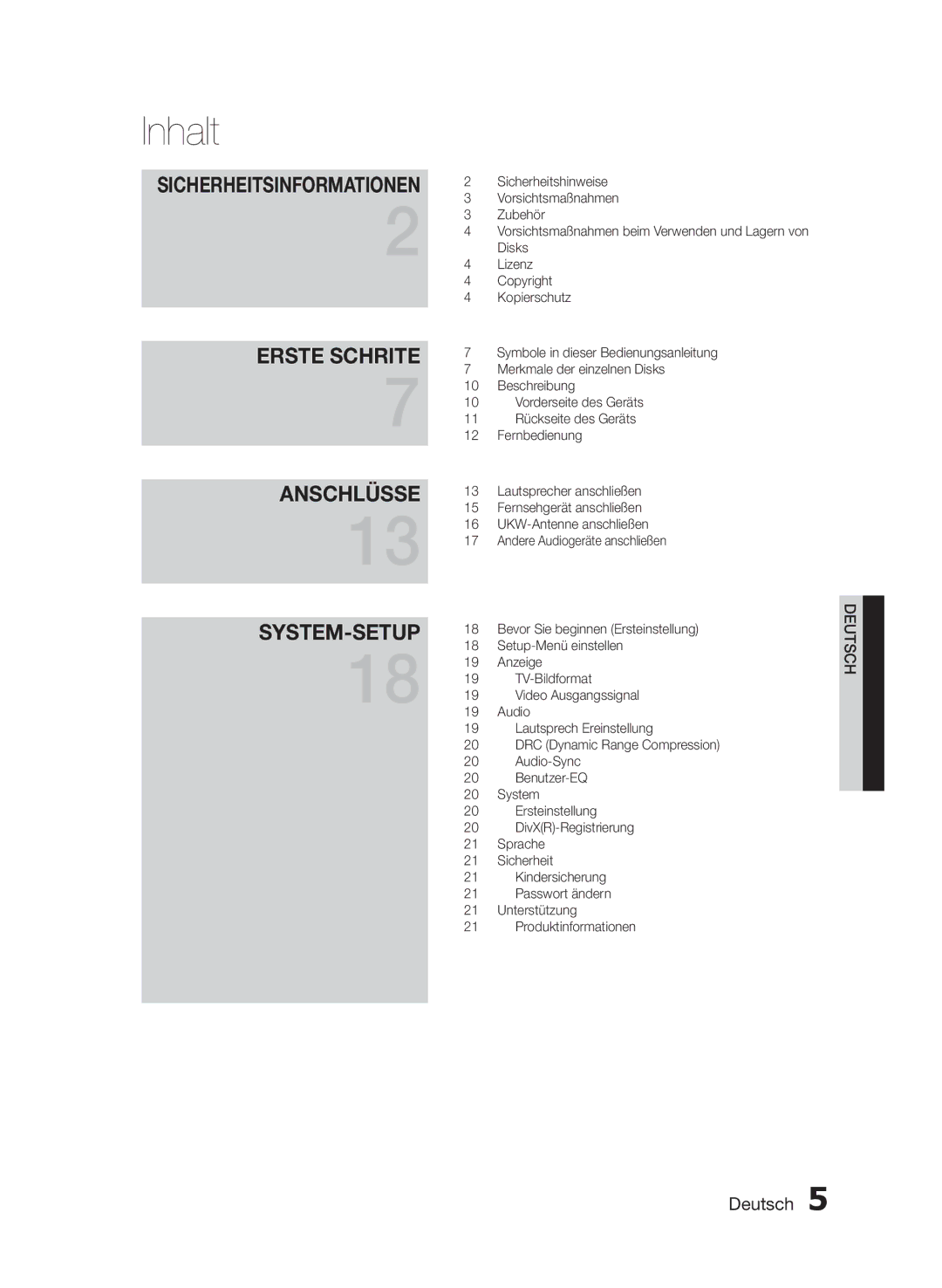 Samsung HT-E330/XE, HT-E330/EN, HT-E330/ZF manual Inhalt, Erste Schrite Anschlüsse SYSTEM-SETUP 