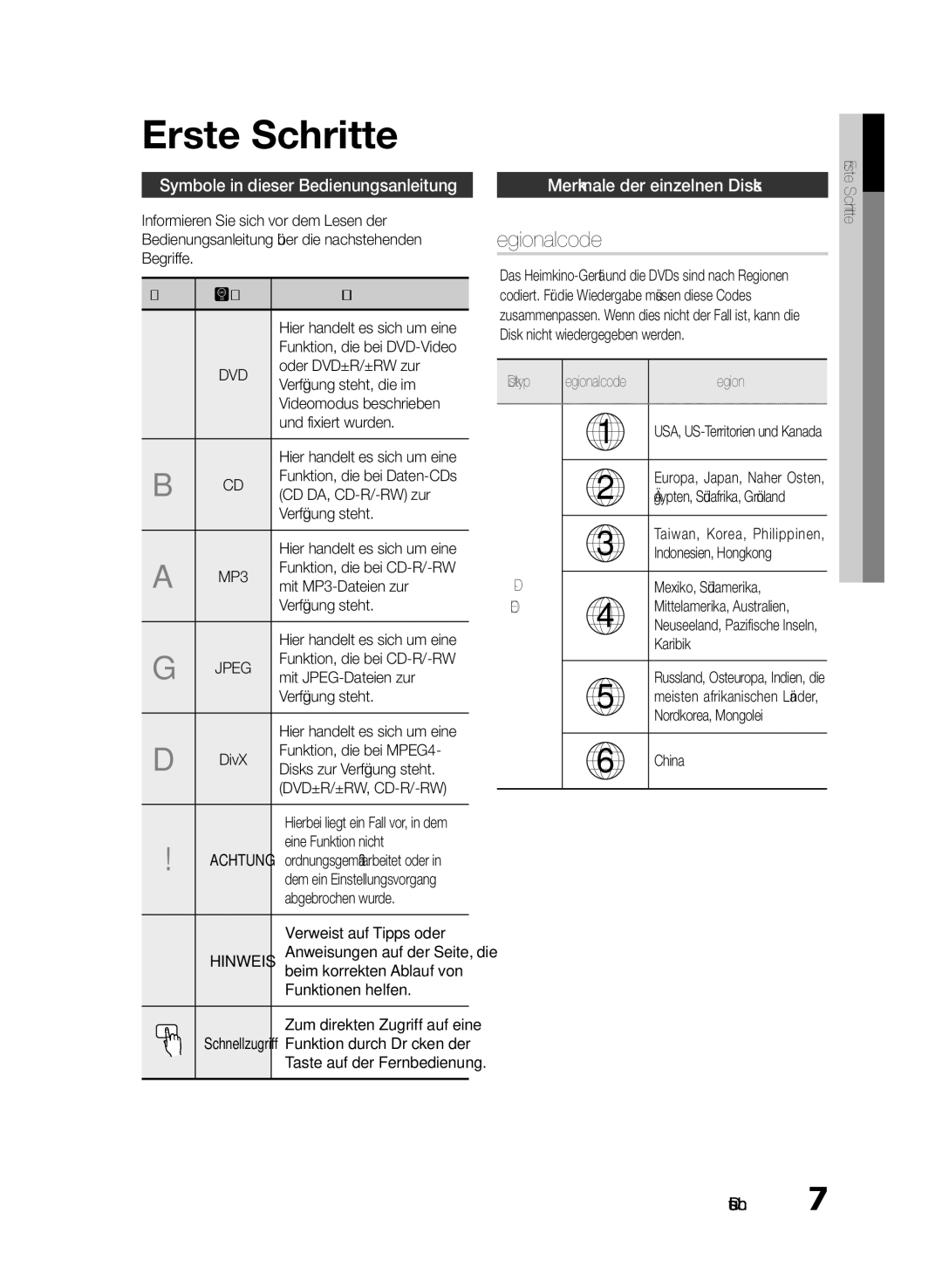 Samsung HT-E330/ZF manual Erste Schritte, Regionalcode, Symbole in dieser Bedienungsanleitung, Merkmale der einzelnen Disks 