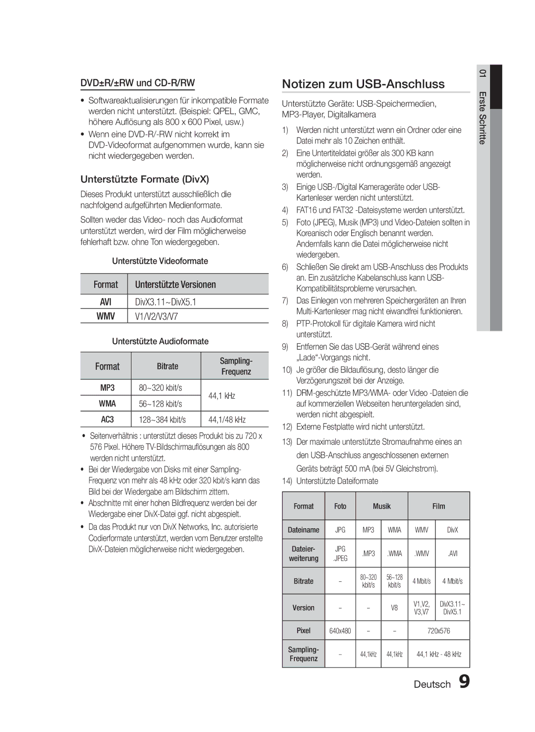 Samsung HT-E330/EN, HT-E330/ZF, HT-E330/XE manual Notizen zum USB-Anschluss, DVD±R/±RW und CD-R/RW, Unterstützte Formate DivX 