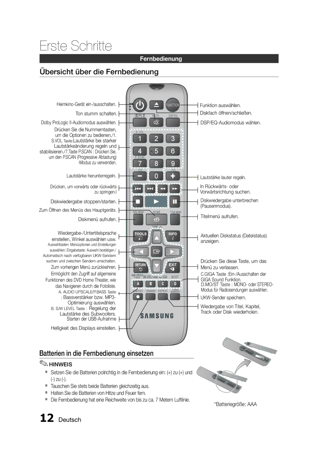 Samsung HT-E330/EN, HT-E330/ZF, HT-E330/XE manual Übersicht über die Fernbedienung, Batterien in die Fernbedienung einsetzen 