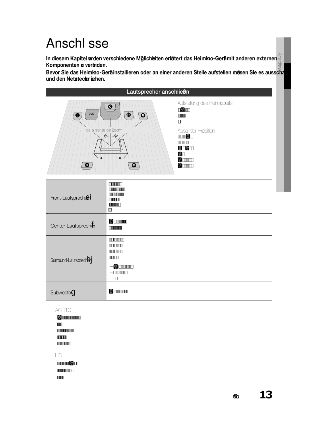 Samsung HT-E330/ZF, HT-E330/EN, HT-E330/XE manual Anschlüsse, Lautsprecher anschließen, Achtung 