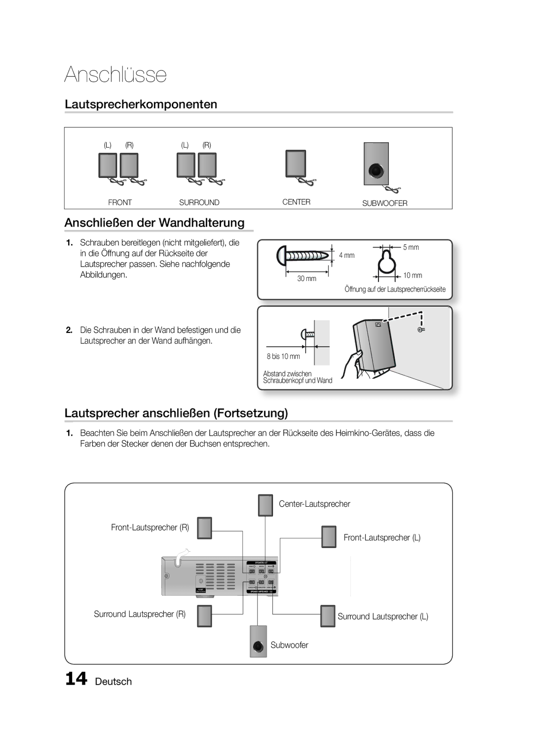 Samsung HT-E330/XE manual Lautsprecherkomponenten, Anschließen der Wandhalterung, Lautsprecher anschließen Fortsetzung 