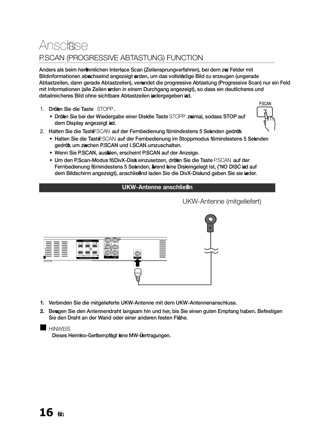 Samsung HT-E330/ZF, HT-E330/EN manual Scan Progressive Abtastung Function, UKW-Antenne mitgeliefert, UKW-Antenne anschließen 