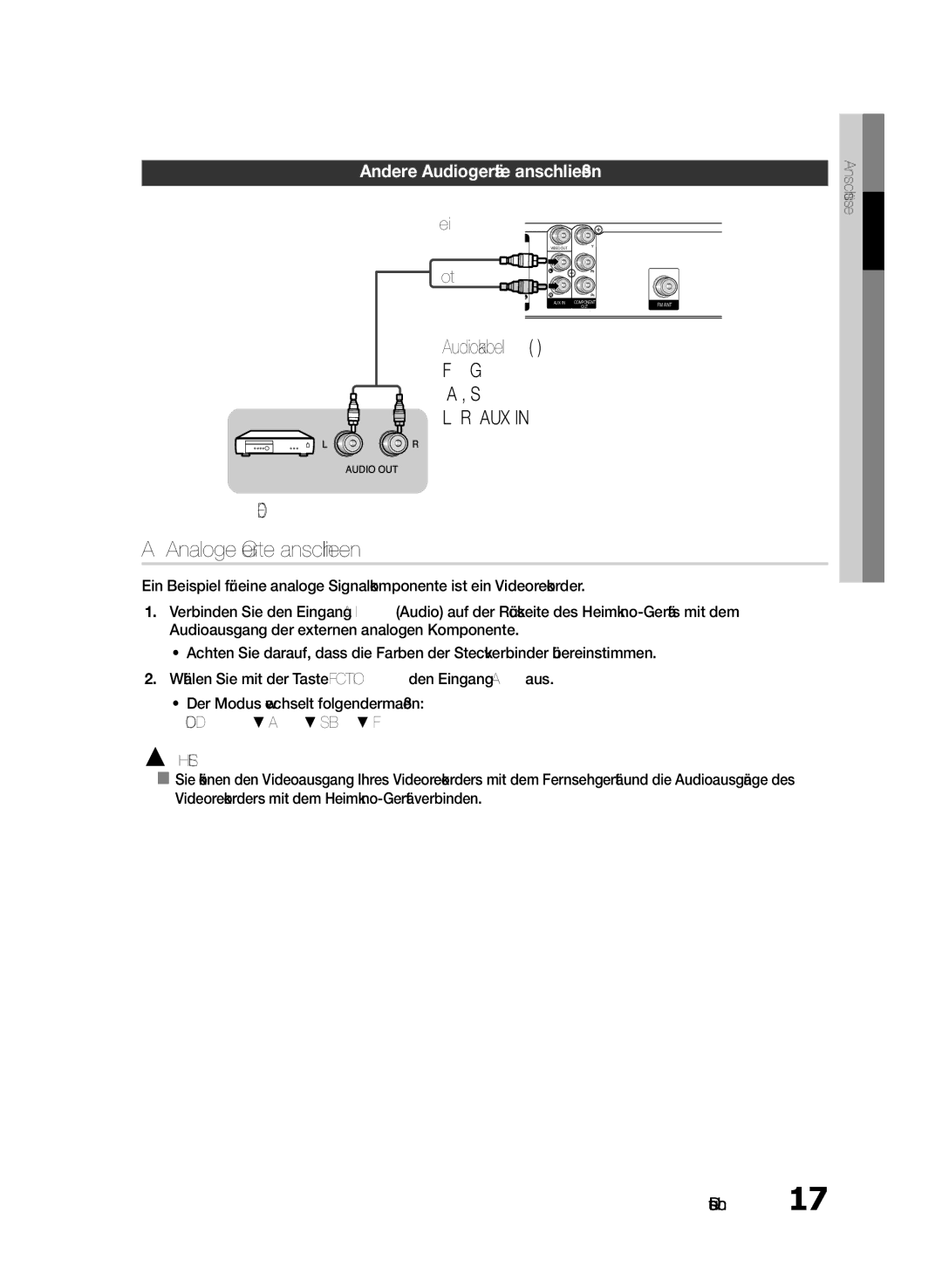 Samsung HT-E330/XE AUX Analoge Geräte anschließen, Audiokabel nicht mitgeliefert, Andere Audiogeräte anschließen, Weiß 