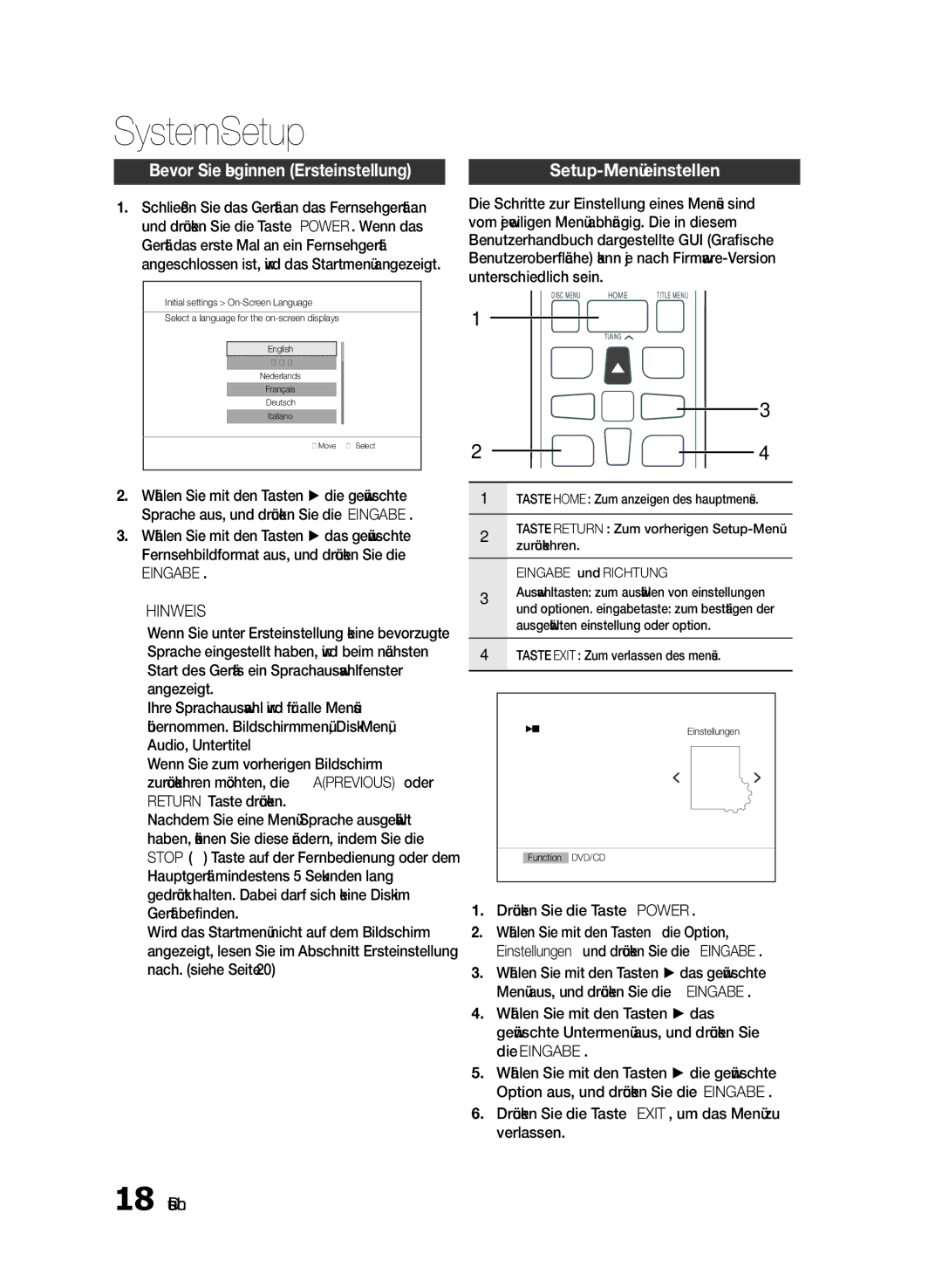 Samsung HT-E330/EN, HT-E330/ZF System-Setup, Bevor Sie beginnen Ersteinstellung, Setup-Menü einstellen, Eingabe Hinweis 