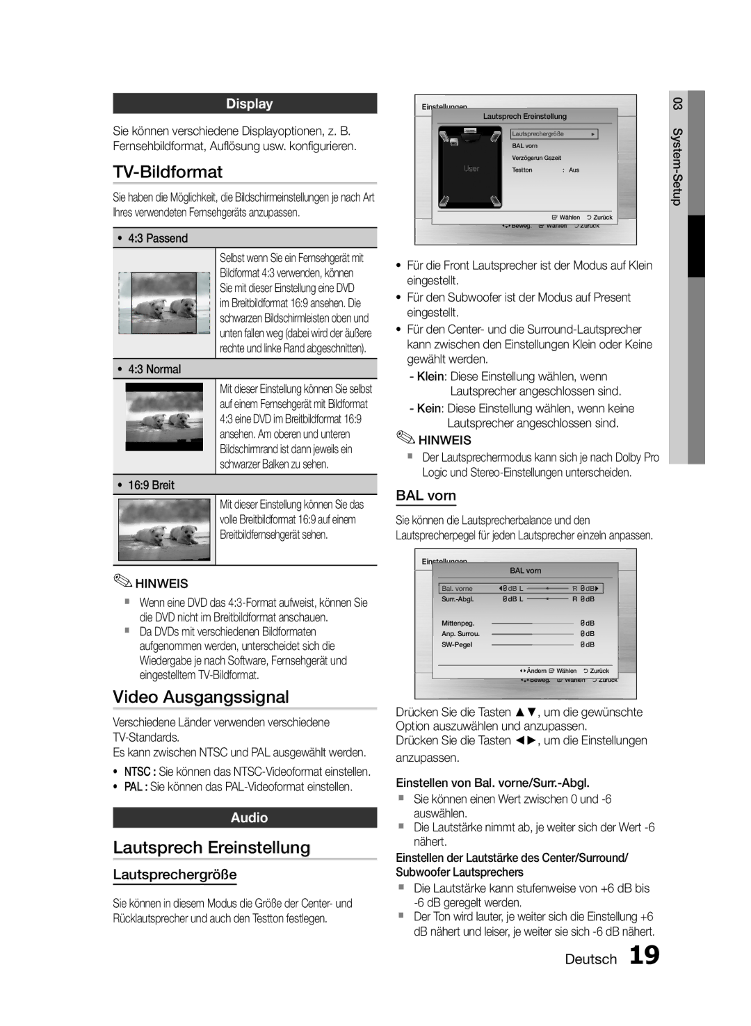 Samsung HT-E330/ZF, HT-E330/EN TV-Bildformat, Video Ausgangssignal, Lautsprech Ereinstellung, Lautsprechergröße, BAL vorn 