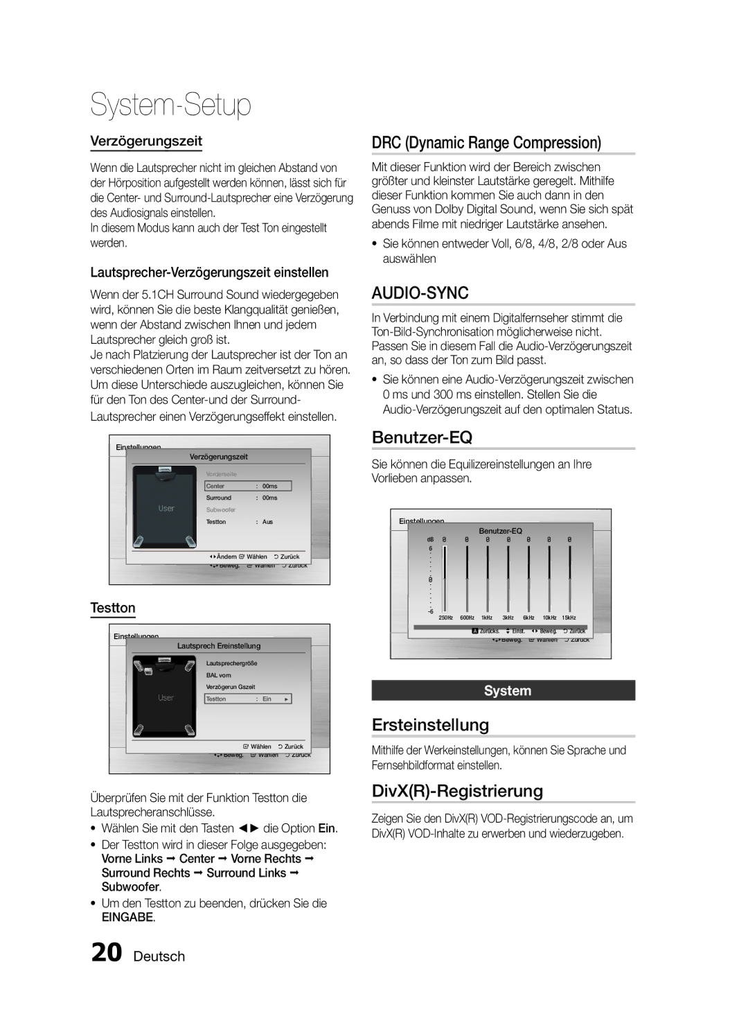 Samsung HT-E330/XE, HT-E330/EN, HT-E330/ZF manual Audio-Sync, Benutzer-EQ, Ersteinstellung, DivXR-Registrierung 