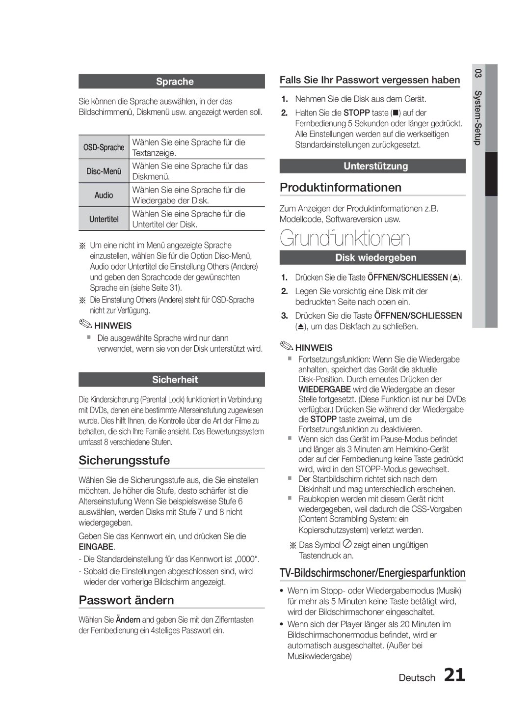 Samsung HT-E330/EN, HT-E330/ZF, HT-E330/XE manual Grundfunktionen, Sicherungsstufe, Passwort ändern, Produktinformationen 