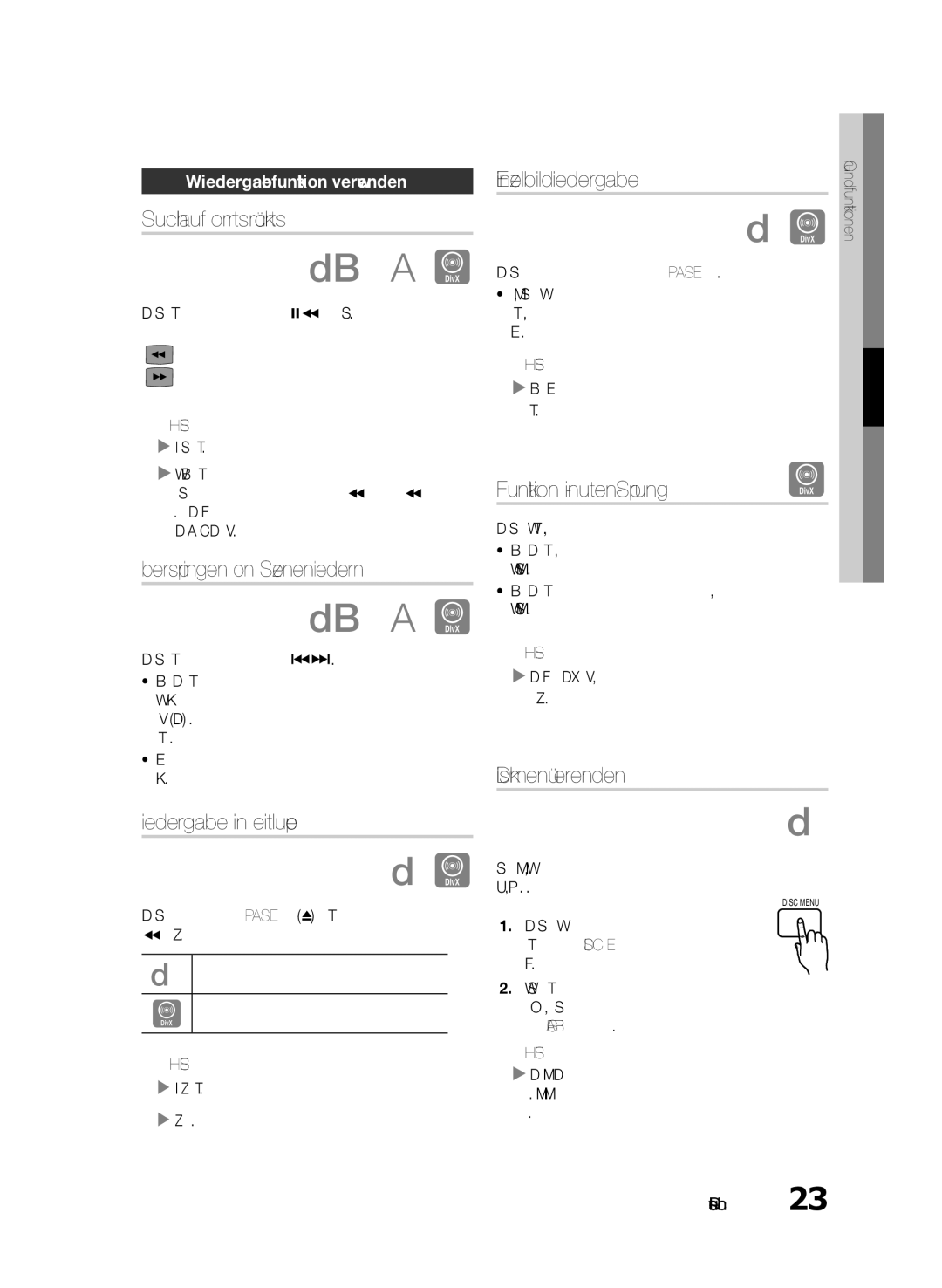 Samsung HT-E330/XE, HT-E330/EN manual Suchlauf vorwärts/rückwärts, Überspringen von Szenen/Liedern, Wiedergabe in Zeitlupe 