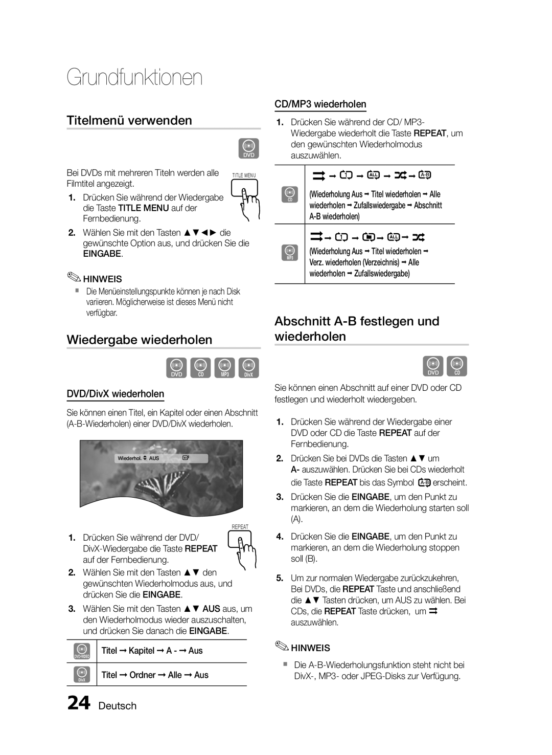 Samsung HT-E330/EN, HT-E330/ZF manual Titelmenü verwenden, Wiedergabe wiederholen, Abschnitt A-B festlegen und wiederholen 