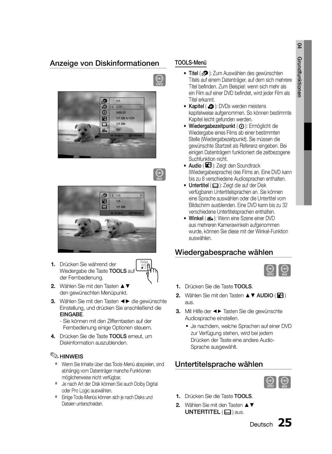 Samsung HT-E330/ZF manual Anzeige von Diskinformationen, Wiedergabesprache wählen, Untertitelsprache wählen, TOOLS-Menü 