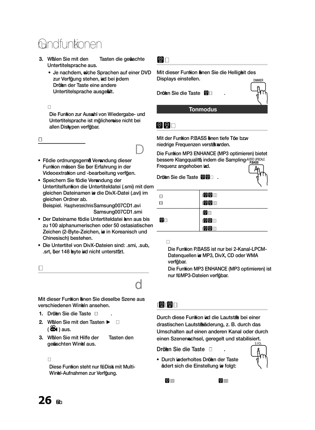 Samsung HT-E330/XE Winkel-Funktion, VOL Intelligente Lautstärke, Untertitelfunktion, Tonmodus, Drücken Sie die Taste S.VOL 