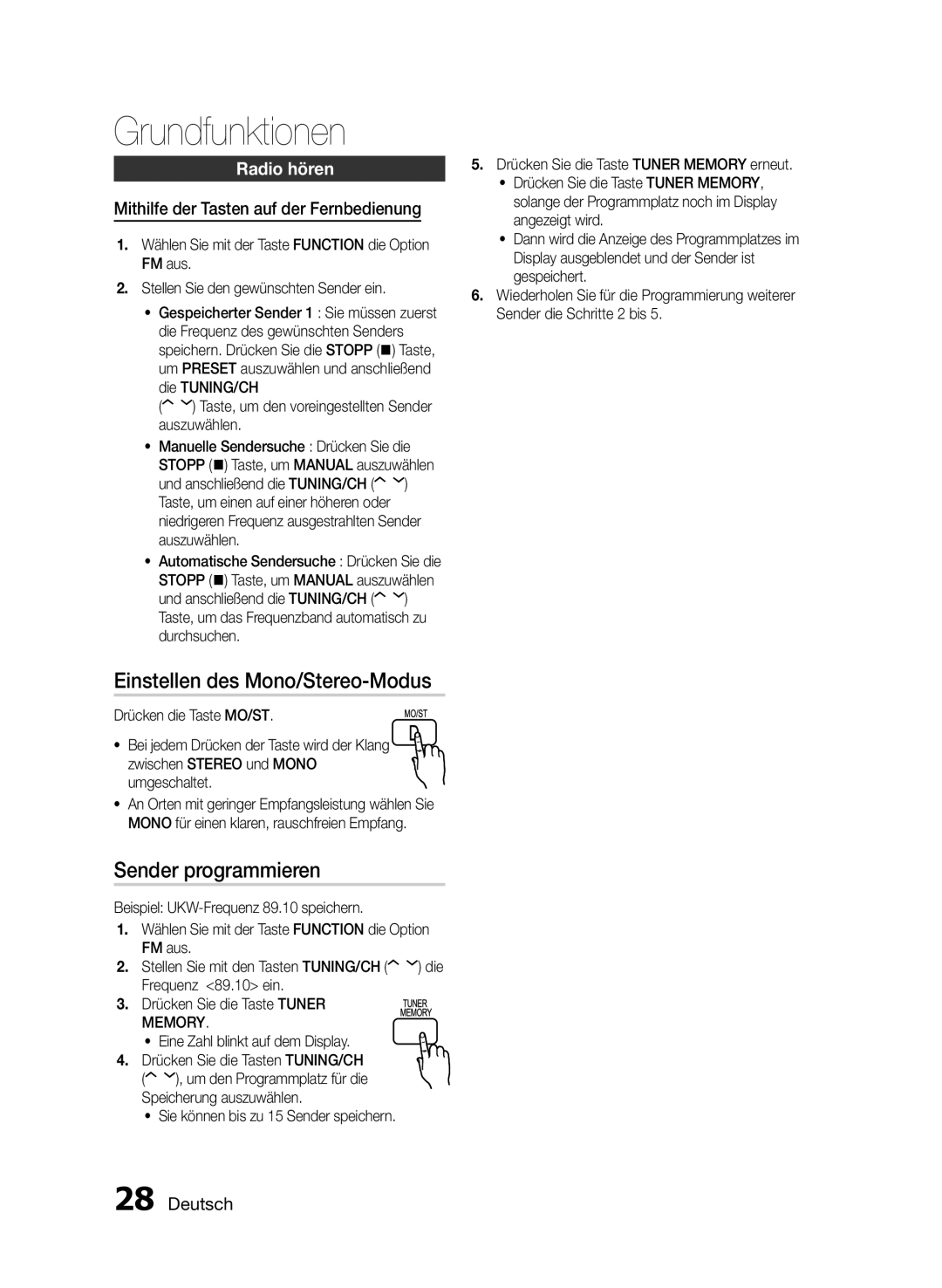 Samsung HT-E330/EN manual Einstellen des Mono/Stereo-Modus, Sender programmieren, Radio hören, Memory 