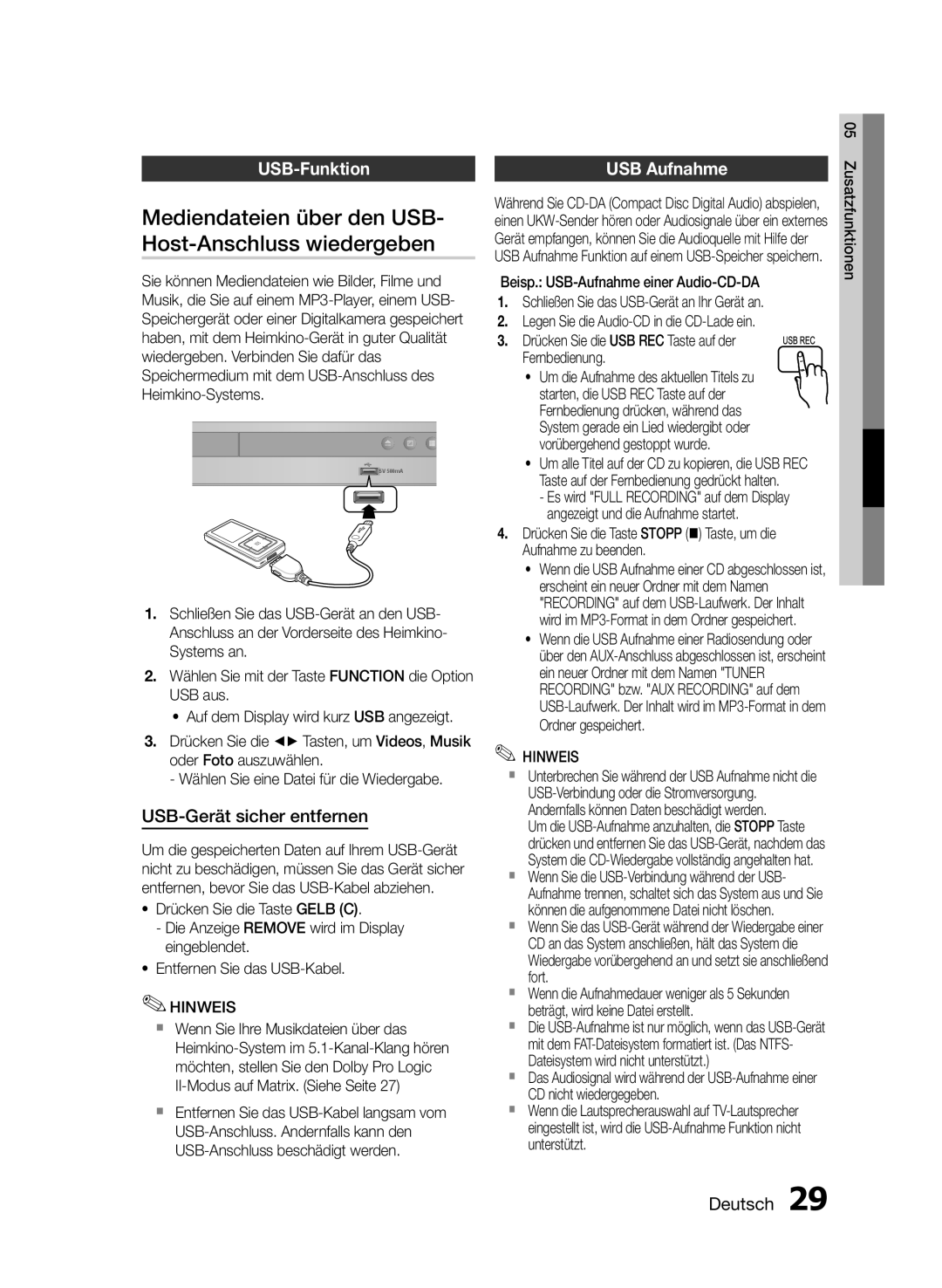 Samsung HT-E330/EN manual Mediendateien über den USB, Host-Anschluss wiedergeben, USB-Funktion USB Aufnahme 