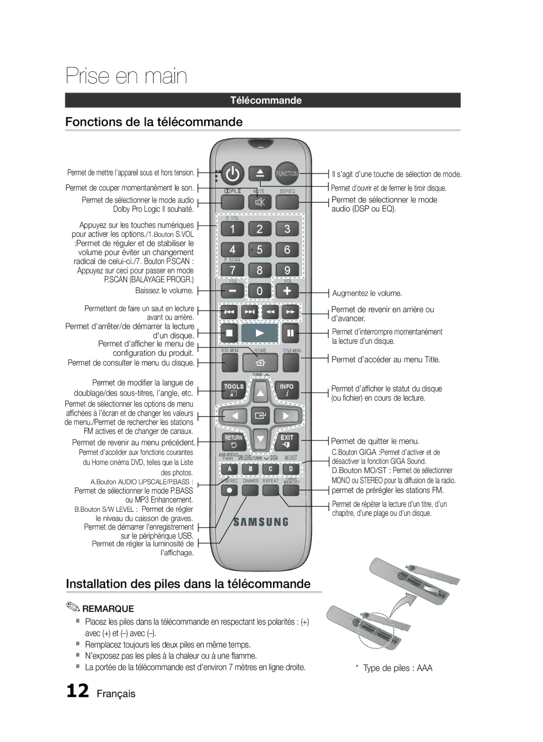 Samsung HT-E330/EN manual Fonctions de la télécommande, Installation des piles dans la télécommande, Télécommande 