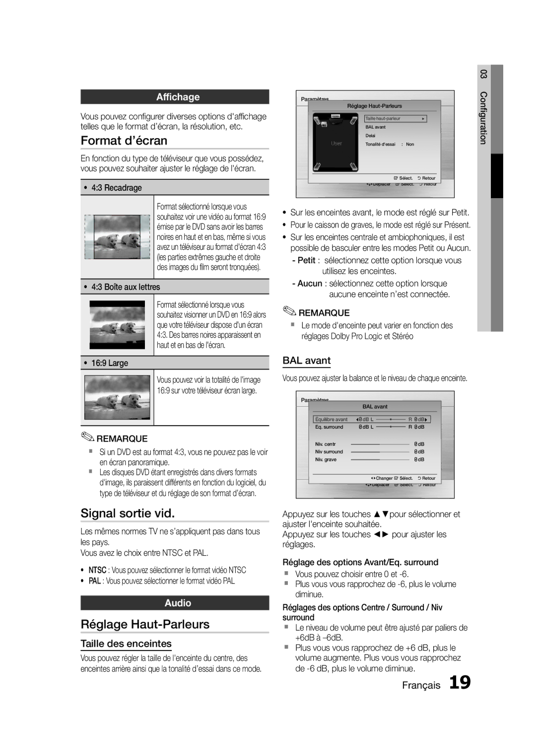 Samsung HT-E330/EN manual Format d’écran, Signal sortie vid, Réglage Haut-Parleurs, Affichage, Audio 