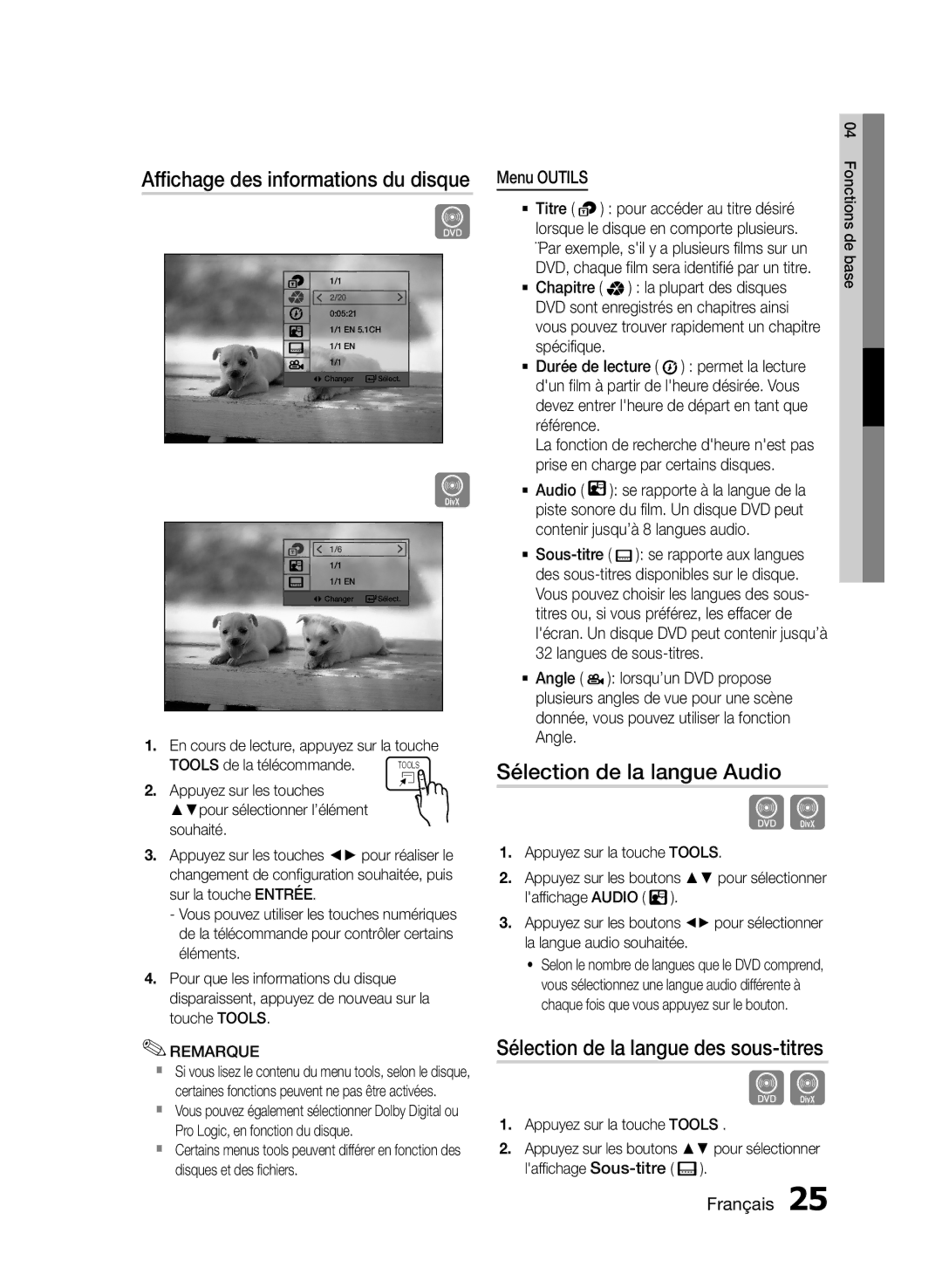 Samsung HT-E330/EN manual Affichage des informations du disque, Sélection de la langue Audio, Menu Outils 