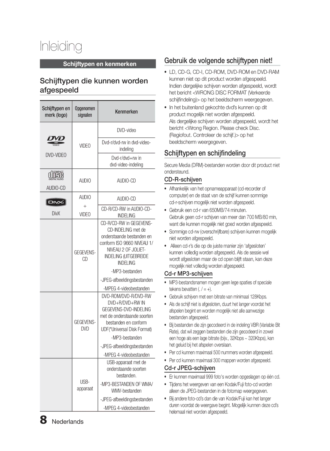 Samsung HT-E330/EN manual Schijftypen die kunnen worden afgespeeld, Gebruik de volgende schijftypen niet 