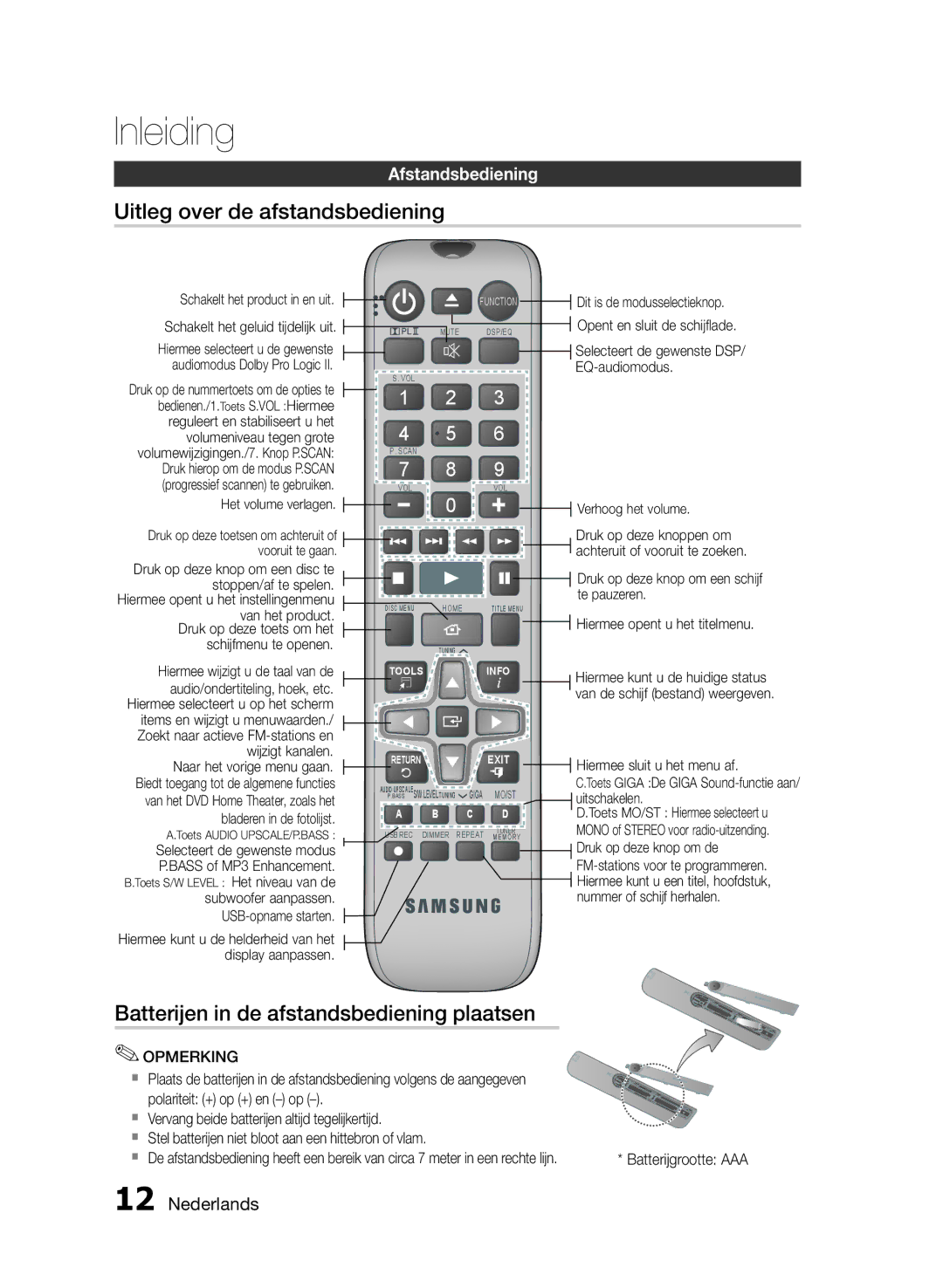 Samsung HT-E330/EN manual Uitleg over de afstandsbediening, Batterijen in de afstandsbediening plaatsen, Afstandsbediening 