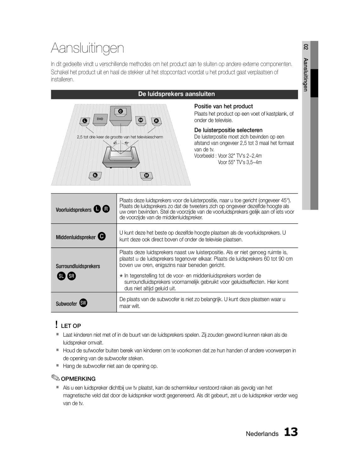 Samsung HT-E330/EN manual Aansluitingen, De luidsprekers aansluiten, Let Op 