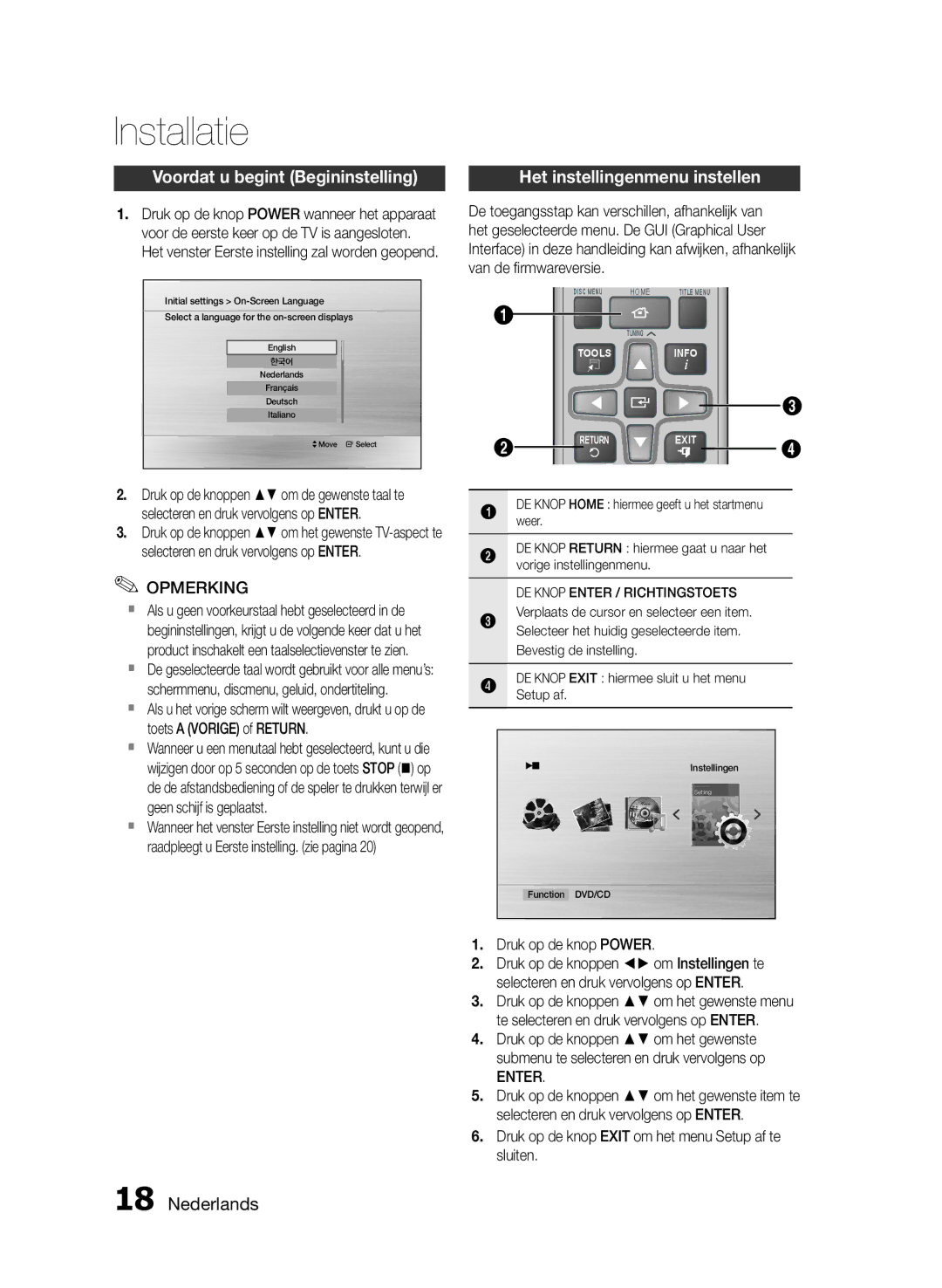 Samsung HT-E330/EN manual Installatie, Voordat u begint Begininstelling, Het instellingenmenu instellen, Enter 