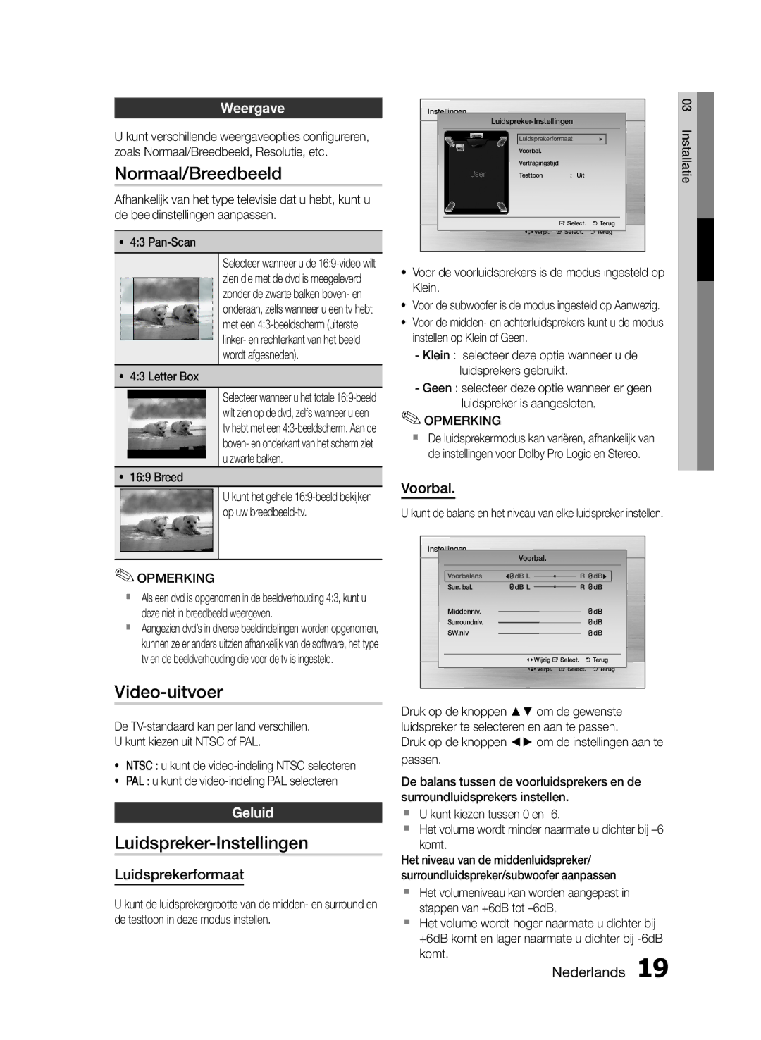 Samsung HT-E330/EN manual Normaal/Breedbeeld, Video-uitvoer, Luidspreker-Instellingen, Weergave, Geluid 