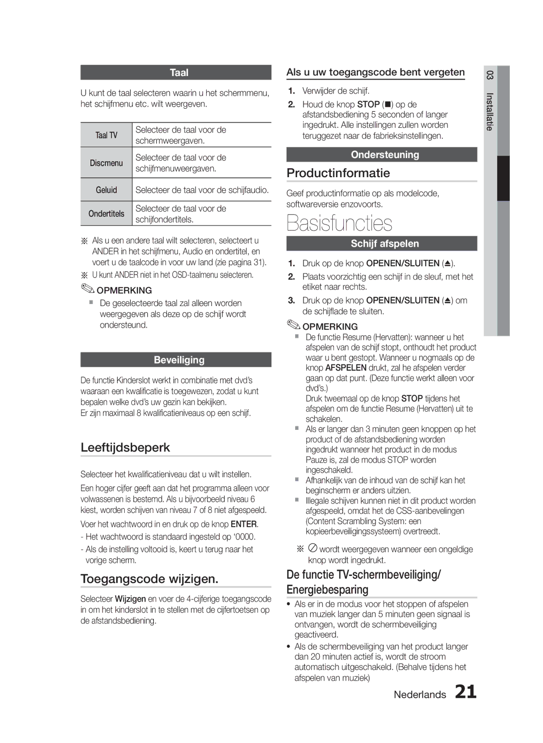 Samsung HT-E330/EN manual Basisfuncties, Leeftijdsbeperk, Toegangscode wijzigen, Productinformatie 