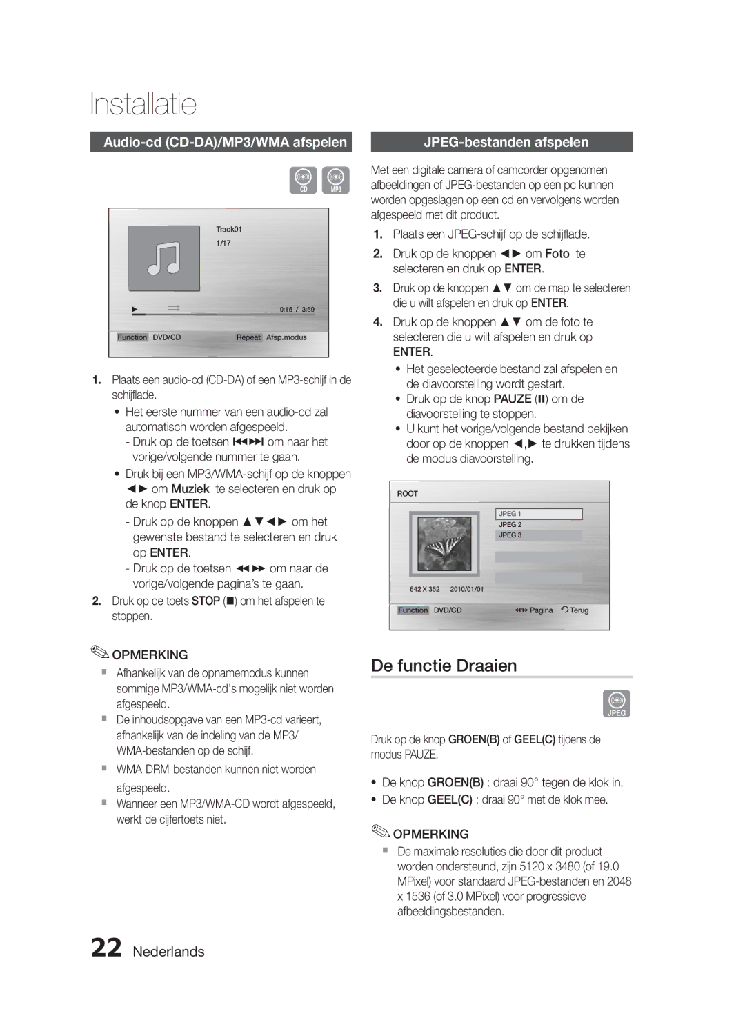 Samsung HT-E330/EN manual De functie Draaien, Audio-cd CD-DA/MP3/WMA afspelen, JPEG-bestanden afspelen 