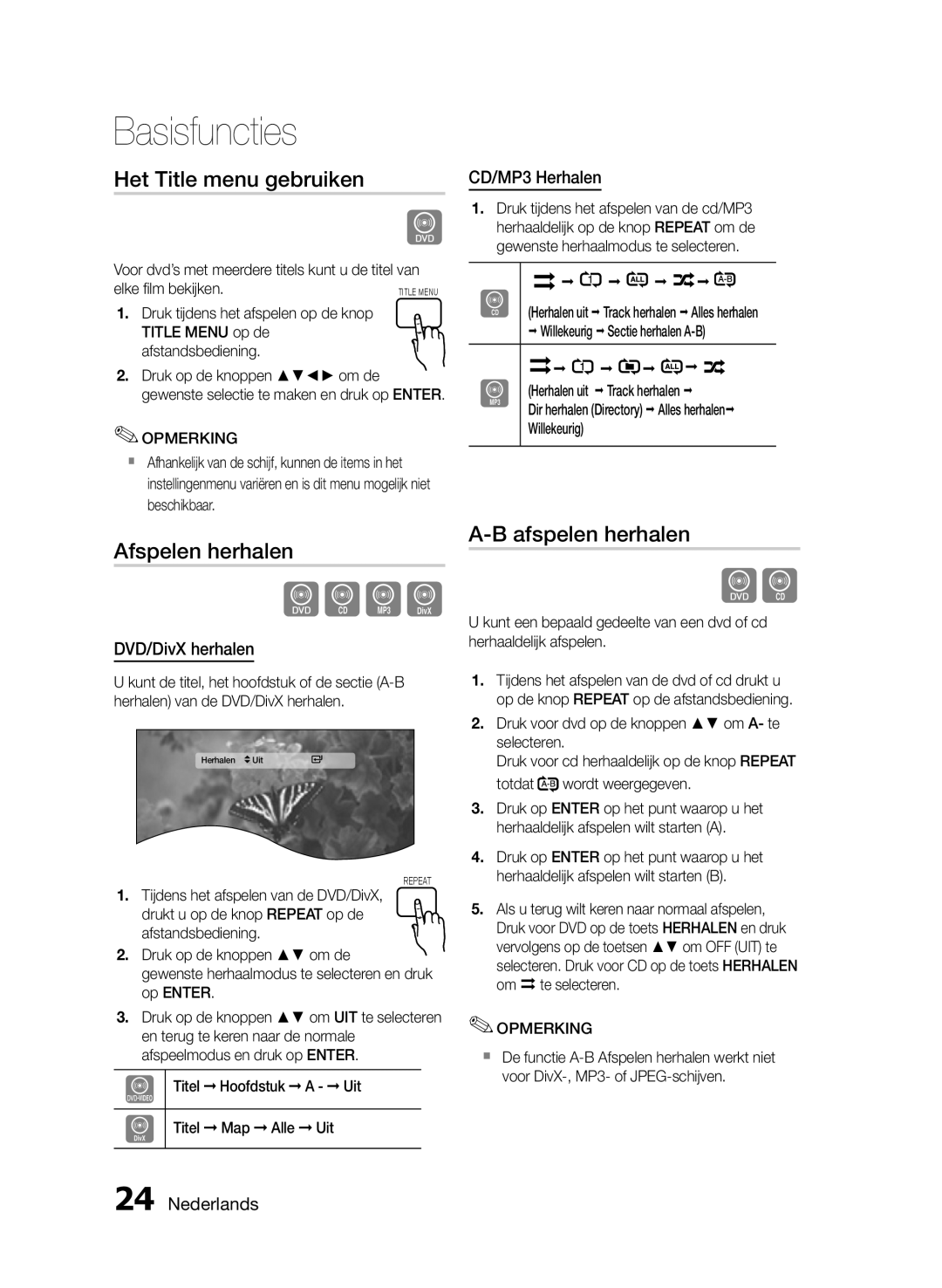 Samsung HT-E330/EN manual Het Title menu gebruiken, Afspelen herhalen, DVD/DivX herhalen, CD/MP3 Herhalen 