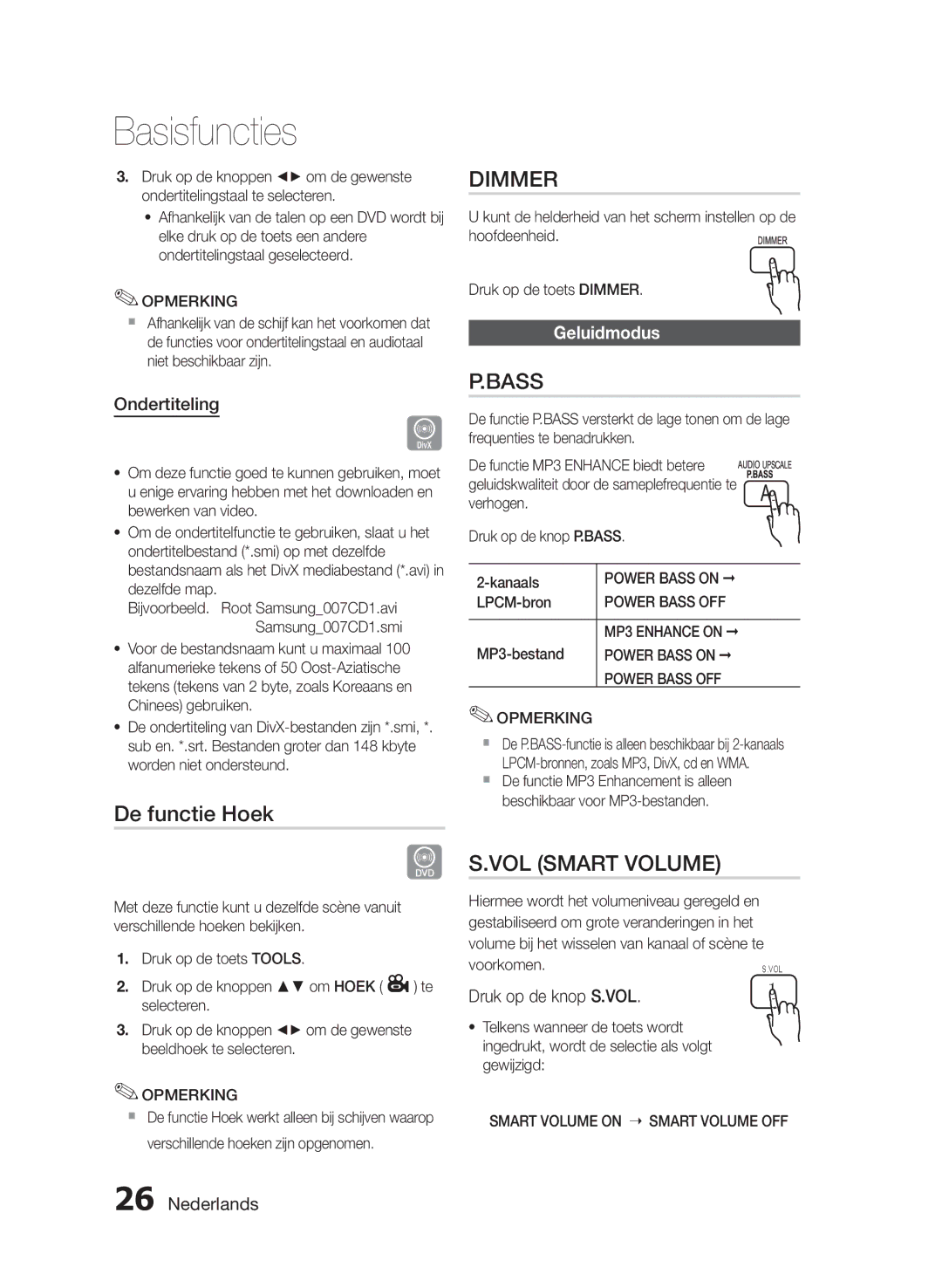 Samsung HT-E330/EN manual De functie Hoek, VOL Smart Volume, Ondertiteling, Geluidmodus, Druk op de knop S.VOL 