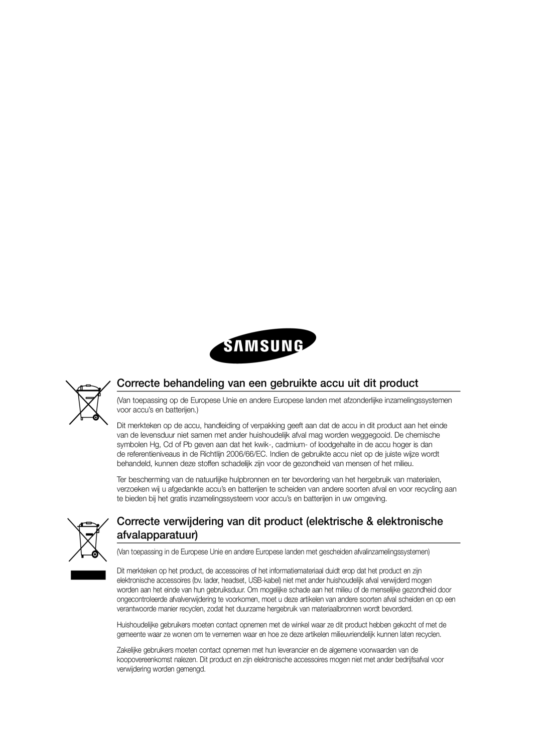 Samsung HT-E330/EN manual Correcte behandeling van een gebruikte accu uit dit product 