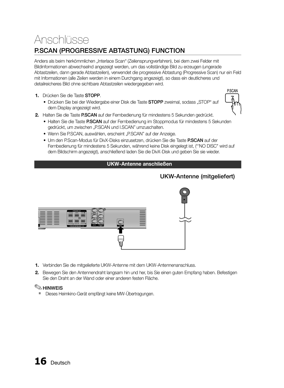 Samsung HT-E330/EN manual Scan Progressive Abtastung Function, UKW-Antenne mitgeliefert, UKW-Antenne anschließen 