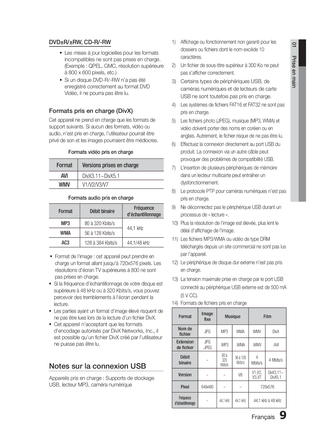 Samsung HT-E330/EN manual Formats pris en charge DivX, Format Versions prises en charge, V1/V2/V3/V7 