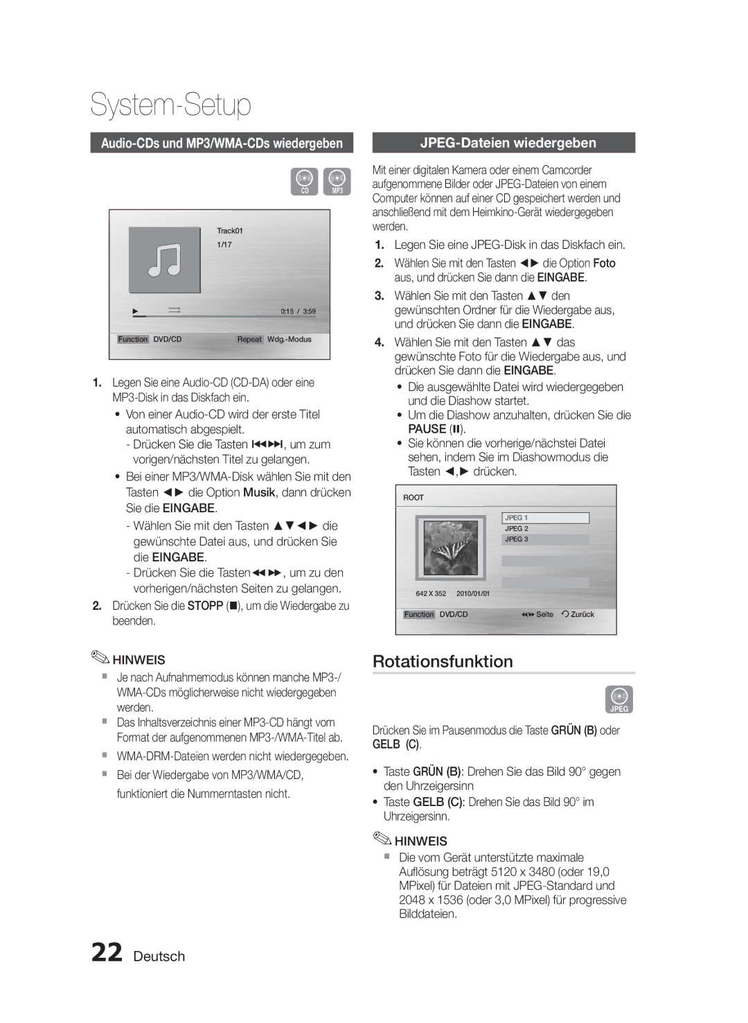 Samsung HT-E330/EN manual Rotationsfunktion, JPEG-Dateien wiedergeben 