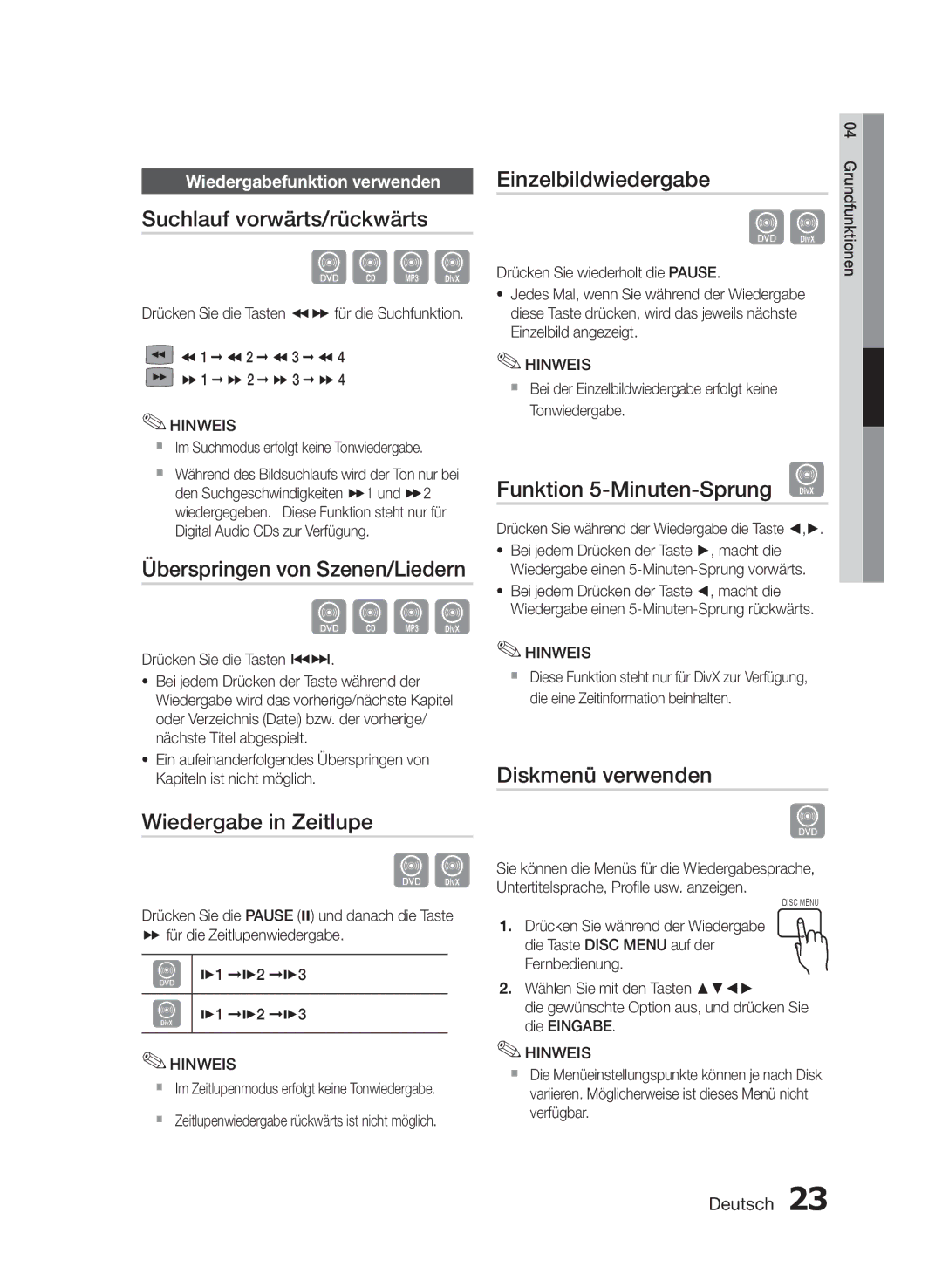 Samsung HT-E330/EN manual Suchlauf vorwärts/rückwärts, Überspringen von Szenen/Liedern, Wiedergabe in Zeitlupe 