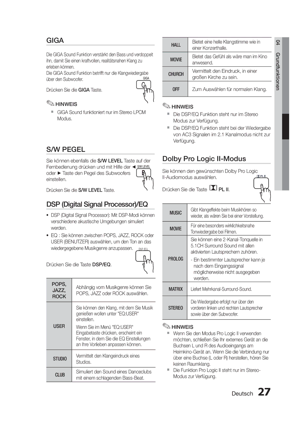 Samsung HT-E330/EN manual Pegel, Dolby Pro Logic II-Modus, Hall, Music 