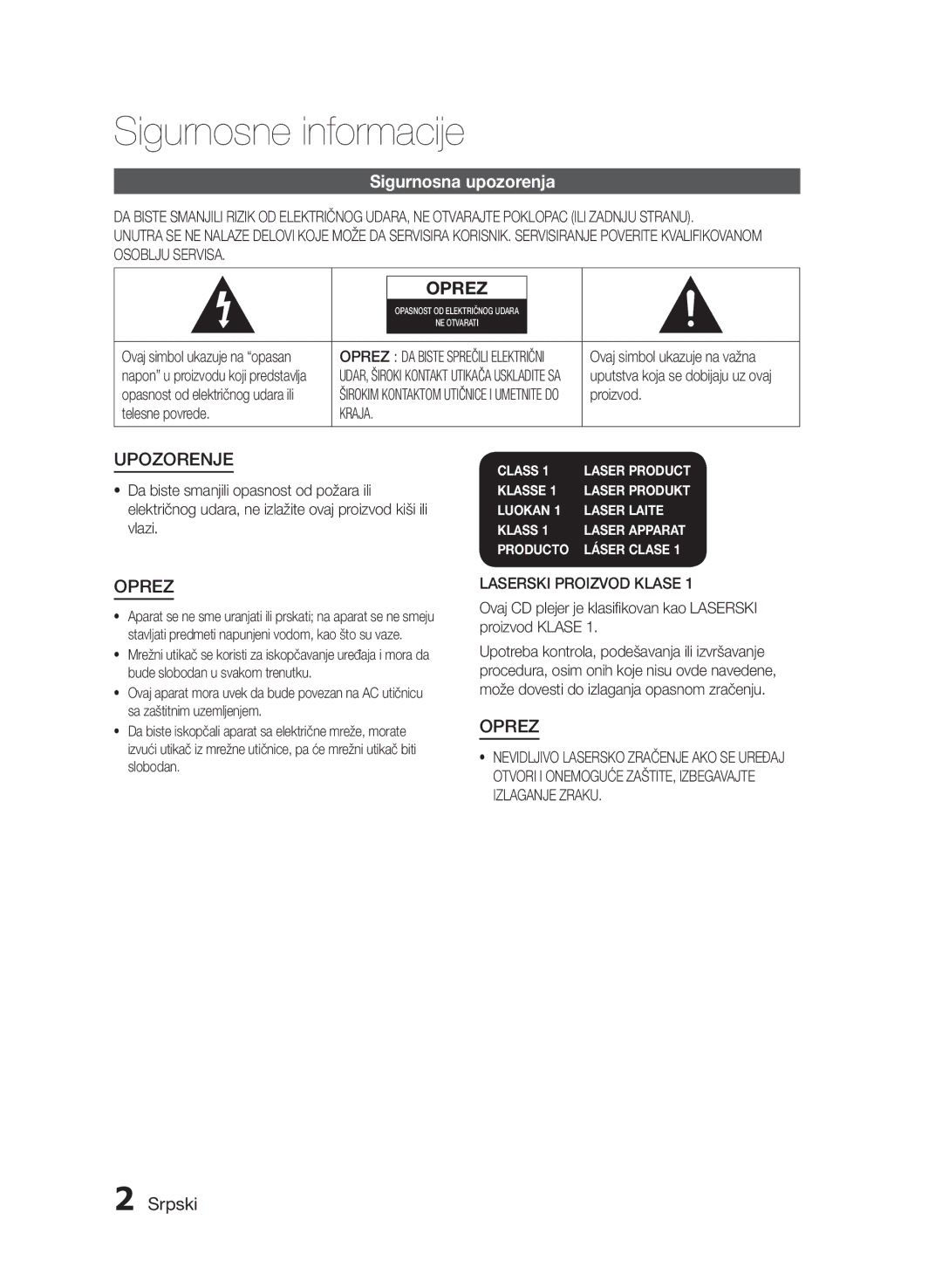 Samsung HT-E330/EN manual Sigurnosne informacije, Sigurnosna upozorenja, Srpski, Kraja, Laserski Proizvod Klase 