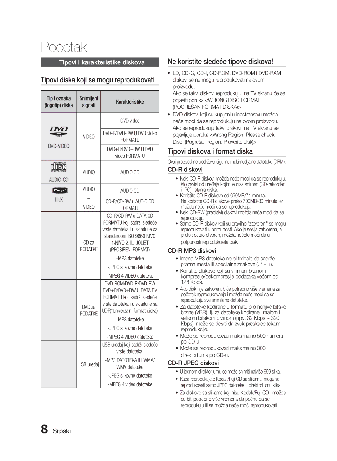 Samsung HT-E330/EN manual Ne koristite sledeće tipove diskova, Tipovi diskova i format diska 