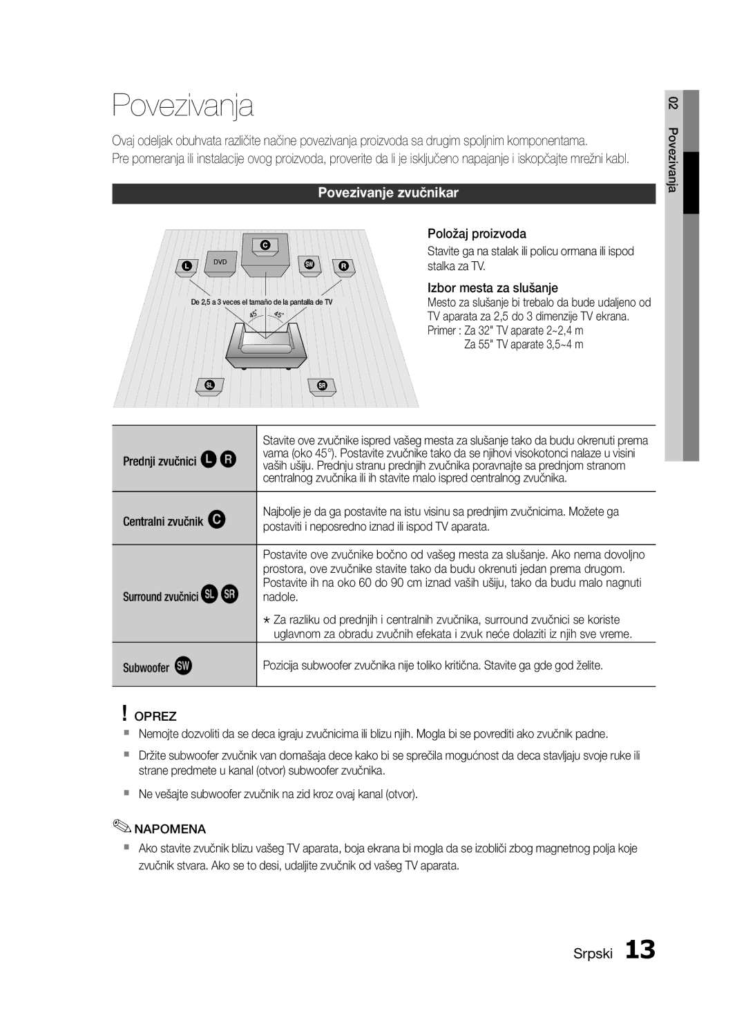 Samsung HT-E330/EN manual Povezivanja, Povezivanje zvučnikar, Oprez 